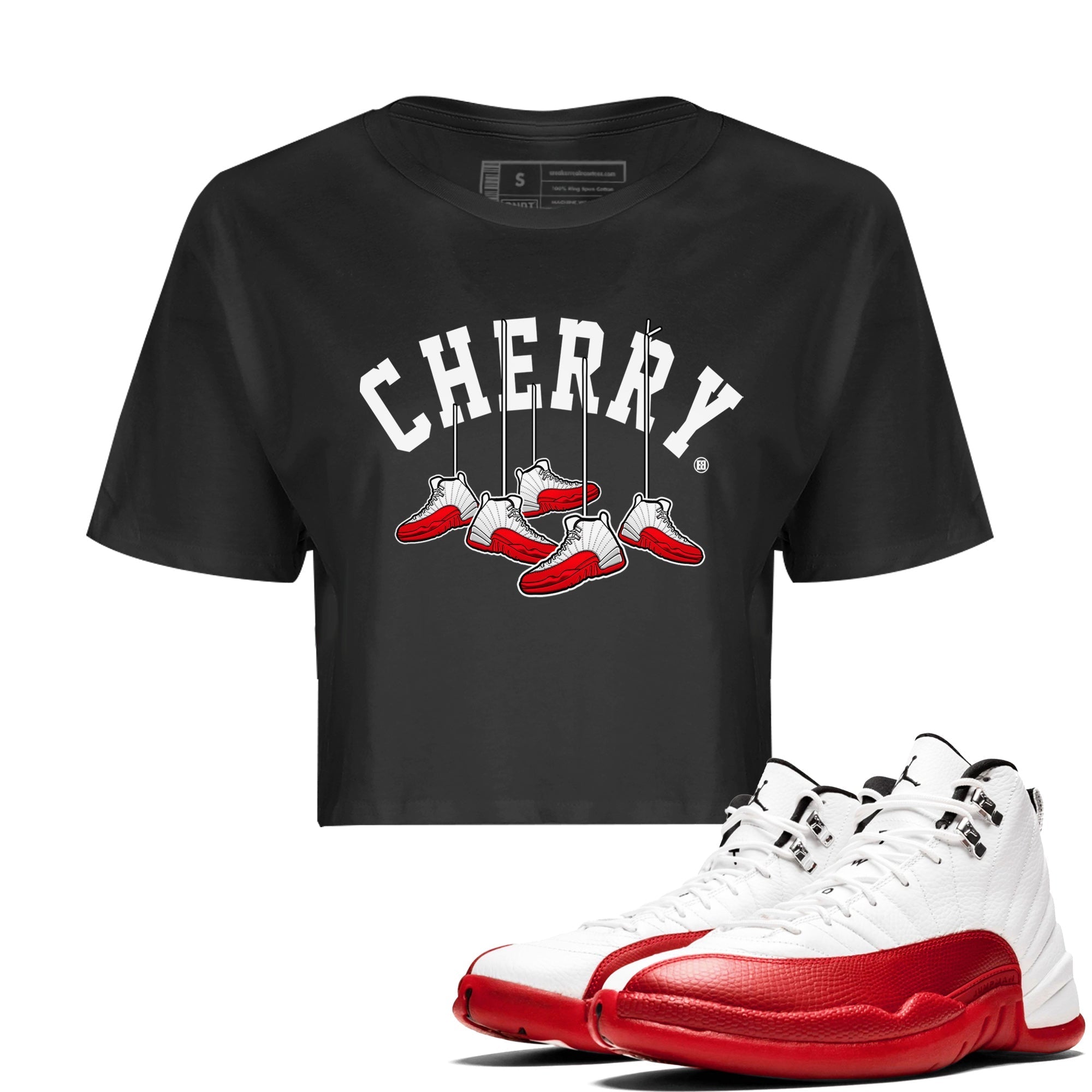 12s Cherry Sneaker Match Tees Cherry Hanging Sneakers Streetwear Sneaker Shirt Air Jordan 12 Cherry Sneaker Release Tees Women's Shirts Black 1