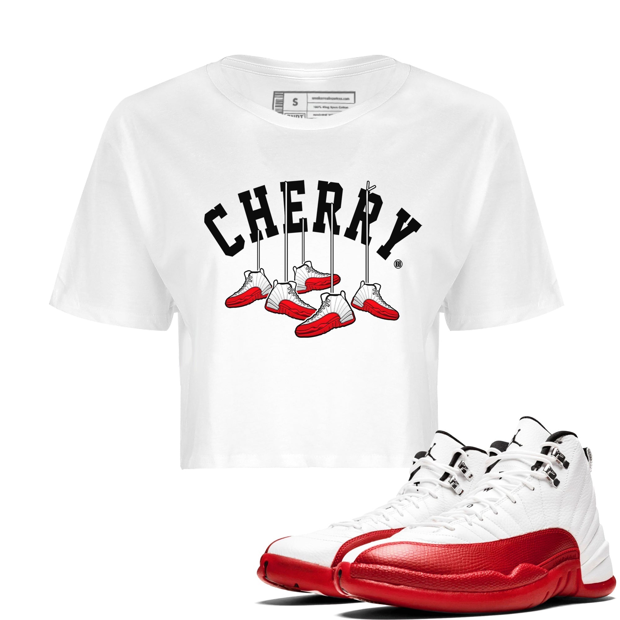 12s Cherry Sneaker Match Tees Cherry Hanging Sneakers Streetwear Sneaker Shirt Air Jordan 12 Cherry Sneaker Release Tees Women's Shirts White 1