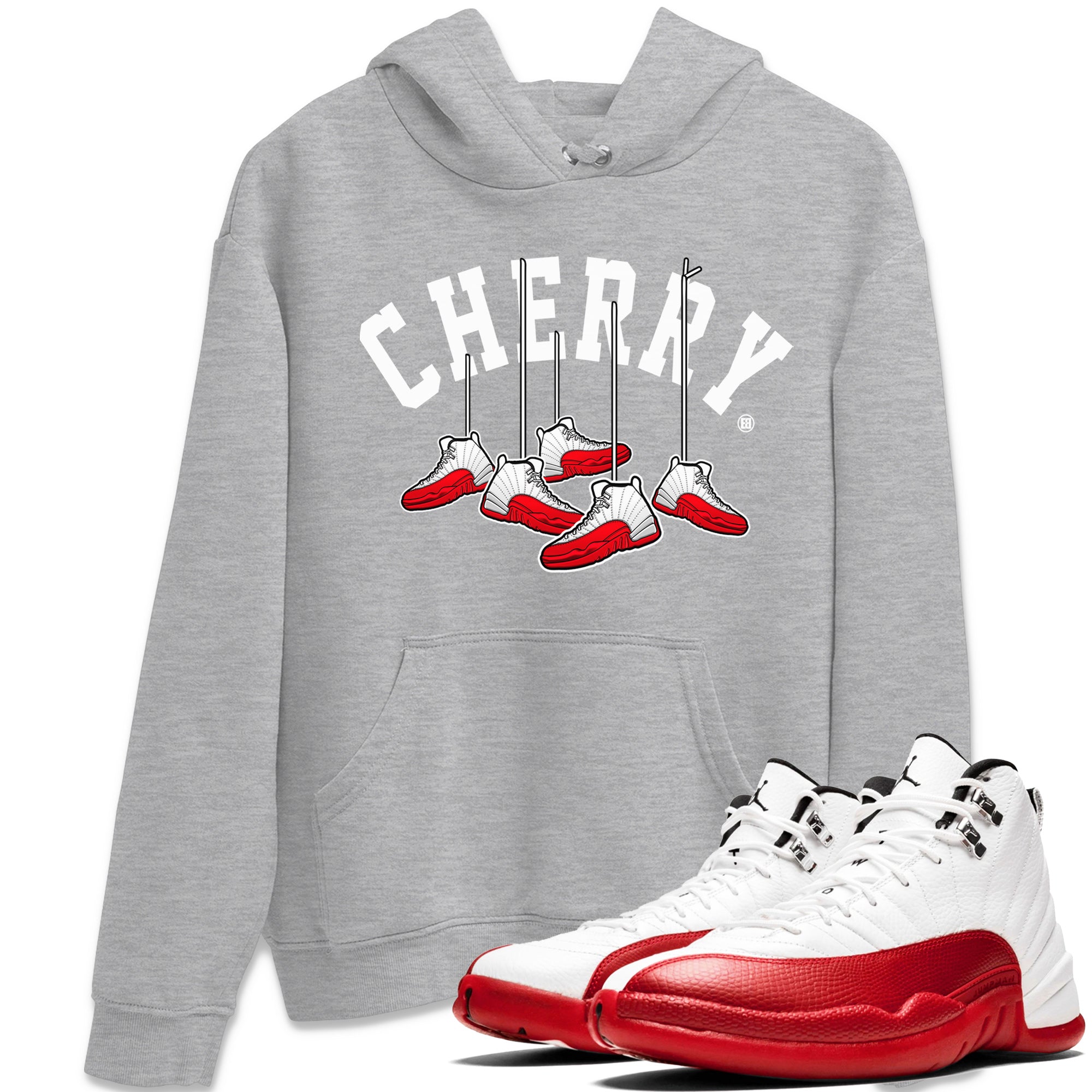12s Cherry Sneaker Match Tees Cherry Hanging Sneakers Streetwear Sneaker Shirt Air Jordan 12 Cherry Sneaker Release Tees Unisex Shirts Heather Grey 1