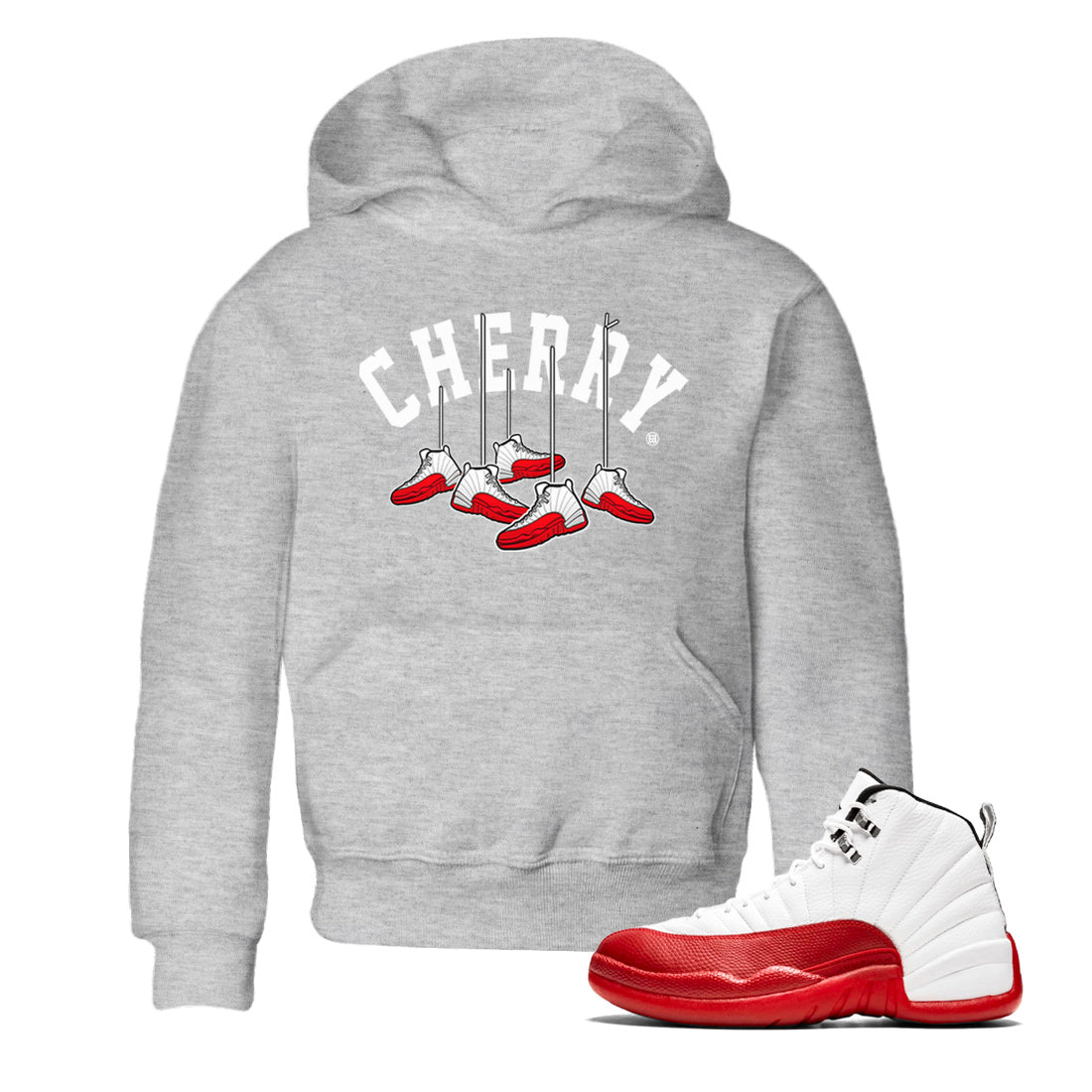 12s Cherry Sneaker Match Tees Cherry Hanging Sneakers Streetwear Sneaker Shirt Air Jordan 12 Cherry Sneaker Release Tees Kids Shirts Heather Grey 1
