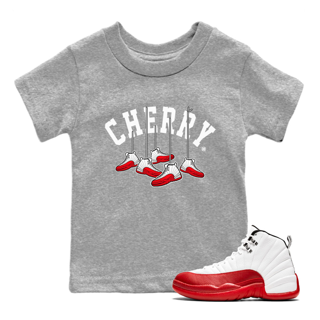 12s Cherry Sneaker Match Tees Cherry Hanging Sneakers Streetwear Sneaker Shirt Air Jordan 12 Cherry Sneaker Release Tees Kids Shirts Heather Grey 1