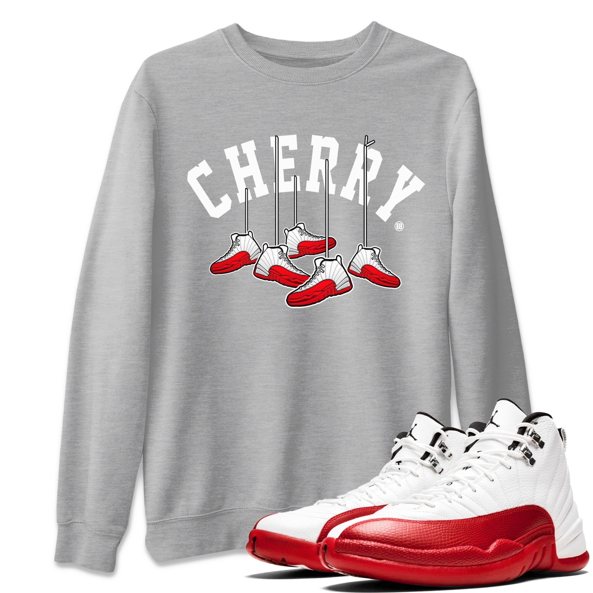 12s Cherry Sneaker Match Tees Cherry Hanging Sneakers Streetwear Sneaker Shirt Air Jordan 12 Cherry Sneaker Release Tees Unisex Shirts Heather Grey 1
