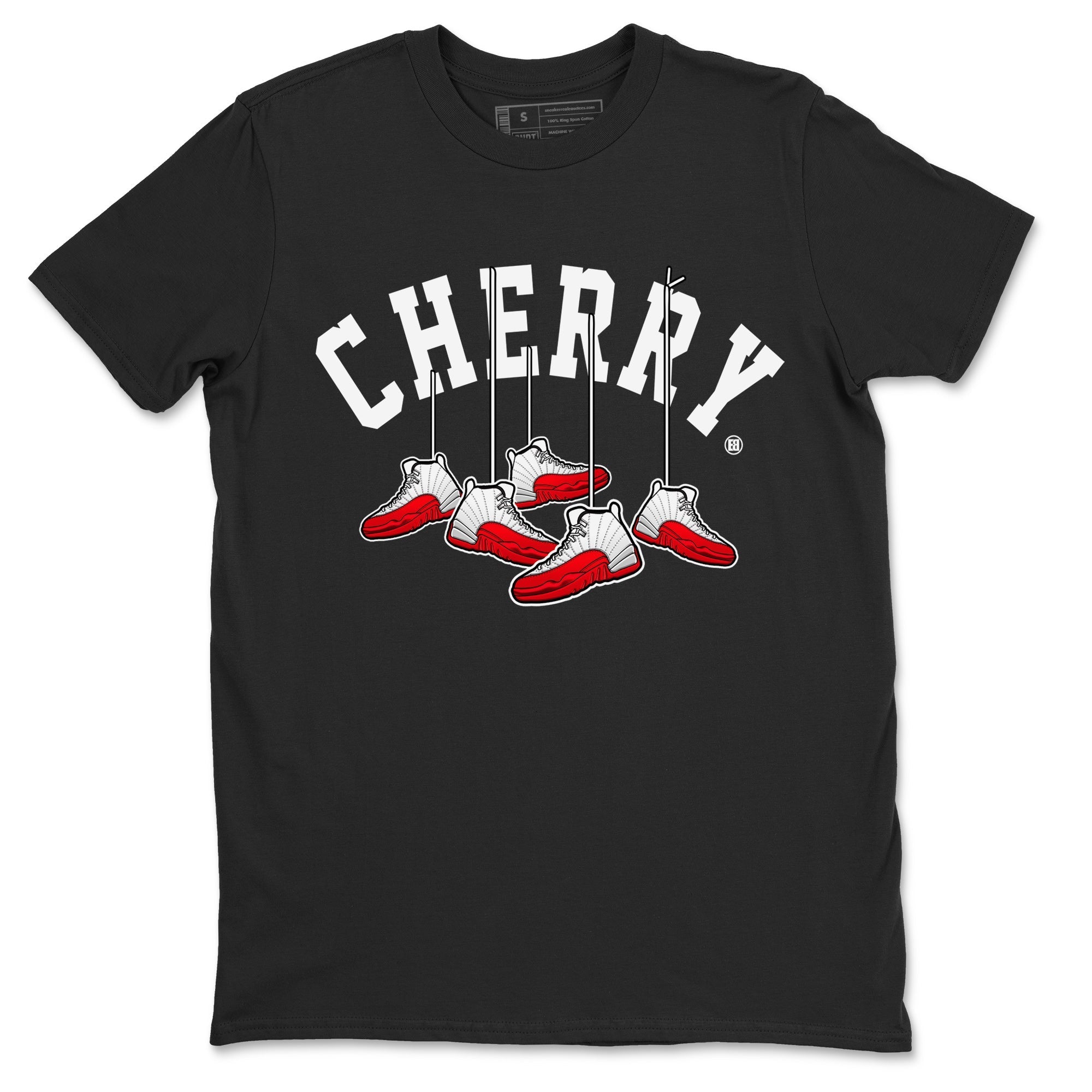 12s Cherry Sneaker Match Tees Cherry Hanging Sneakers Streetwear Sneaker Shirt Air Jordan 12 Cherry Sneaker Release Tees Unisex Shirts Black 2
