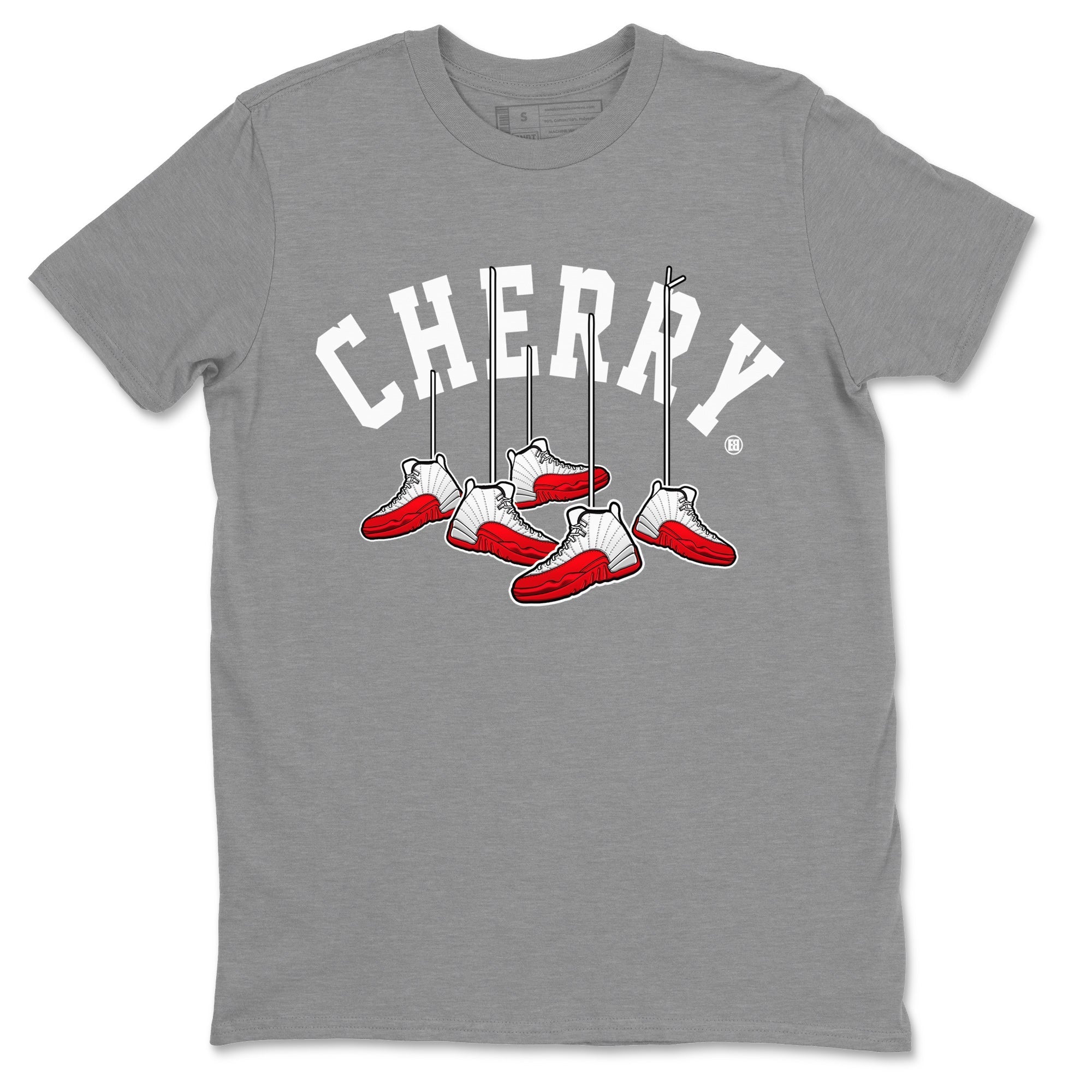 12s Cherry Sneaker Match Tees Cherry Hanging Sneakers Streetwear Sneaker Shirt Air Jordan 12 Cherry Sneaker Release Tees Unisex Shirts Heather Grey 2
