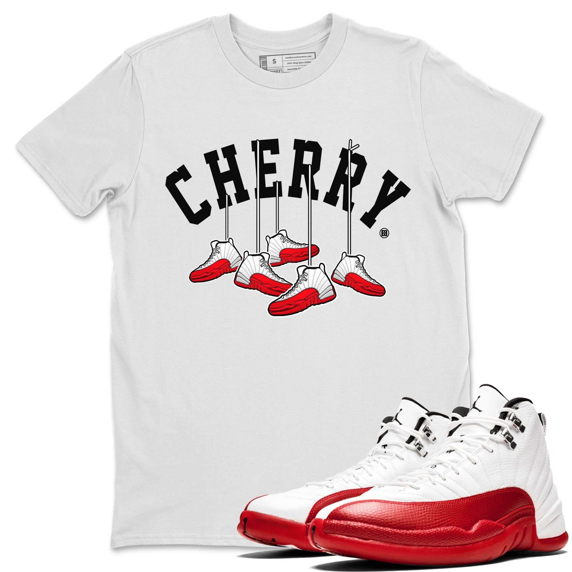 12s Cherry Sneaker Match Tees Cherry Hanging Sneakers Streetwear Sneaker Shirt Air Jordan 12 Cherry Sneaker Release Tees Unisex Shirts White 1