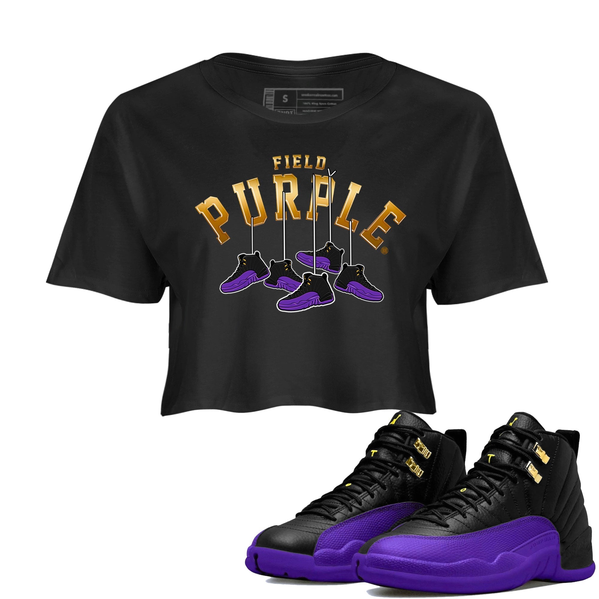 12s Field Purple shirt to match jordans Hanging Sneakers Streetwear Sneaker Shirt Air Jordan 12 Field Purple Drip Gear Zone Sneaker Matching Clothing Black 1 Crop T-Shirt