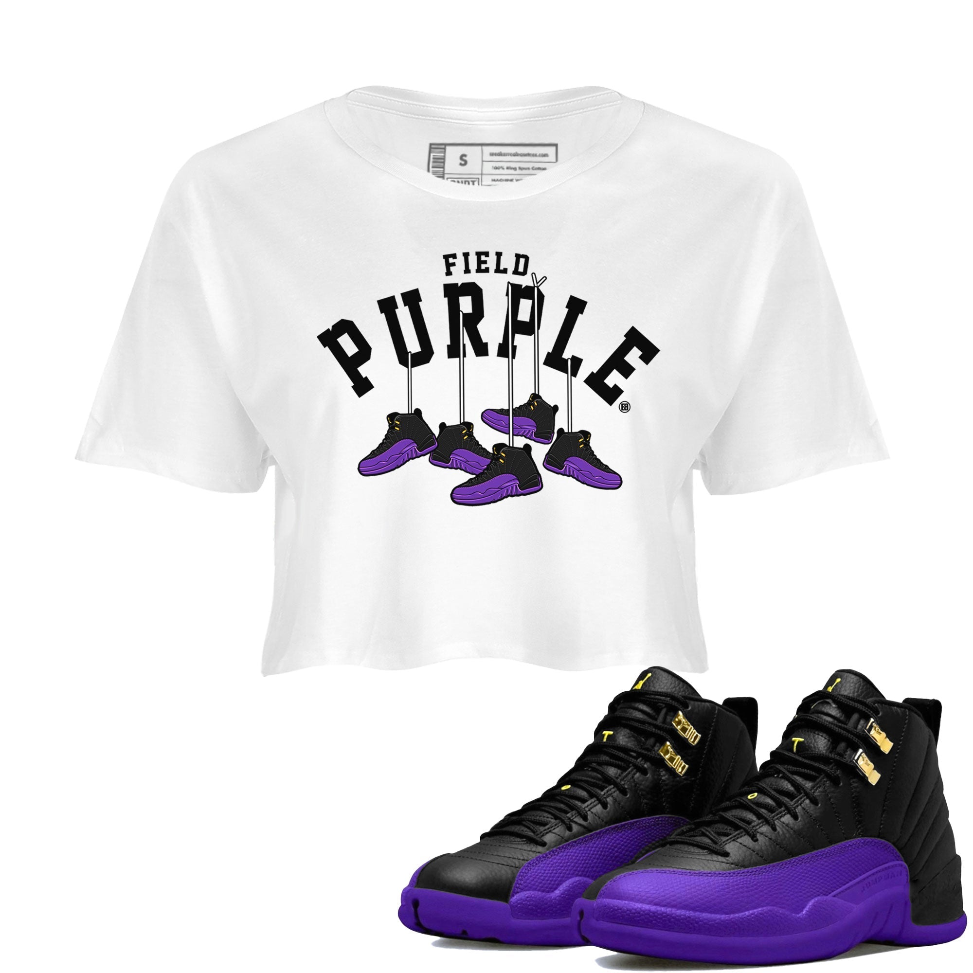 12s Field Purple shirt to match jordans Hanging Sneakers Streetwear Sneaker Shirt Air Jordan 12 Field Purple Drip Gear Zone Sneaker Matching Clothing White 1 Crop T-Shirt