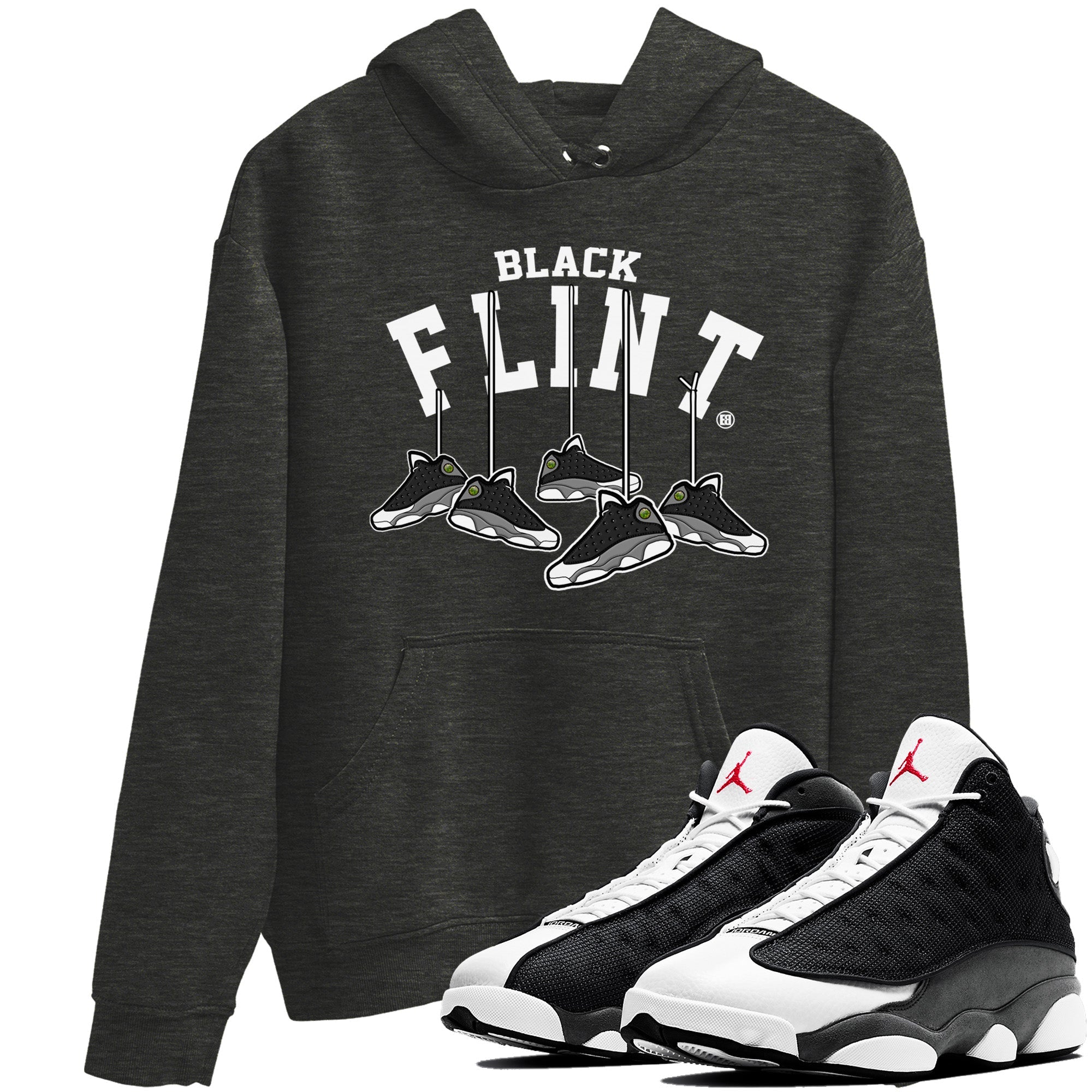Air Jordan 13 Black Flint Sneaker Match Tees Hanging Sneakers Streetwear Sneaker Shirt Air Jordan 13 Retro Black Flint Sneaker Release Tees Unisex Shirts Charcoal Heather 1