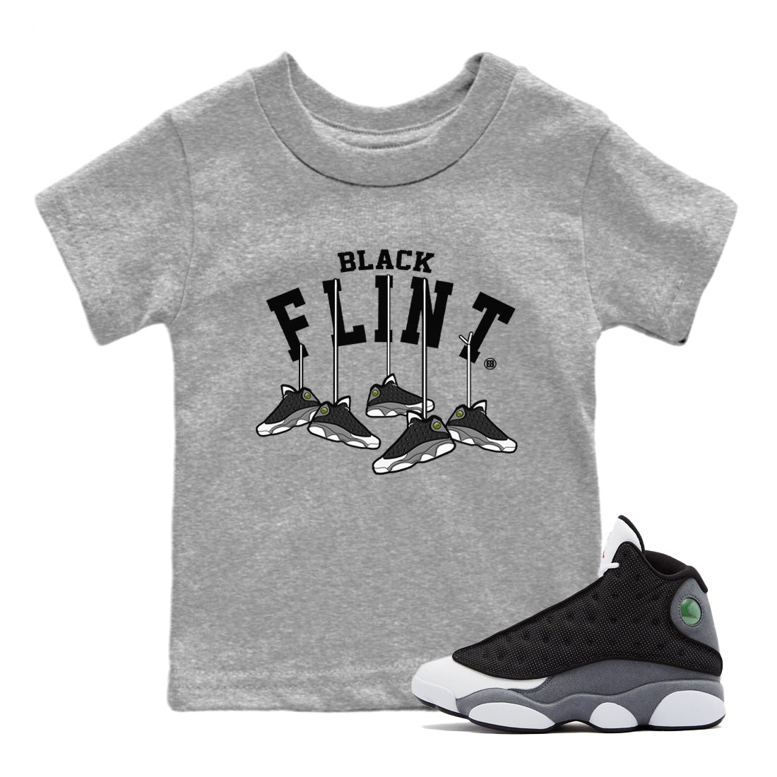 Air Jordan 13 Black Flint Sneaker Match Tees Hanging Sneakers Streetwear Sneaker Shirt Air Jordan 13 Retro Black Flint Sneaker Release Tees Kids Shirts Heather Grey 1