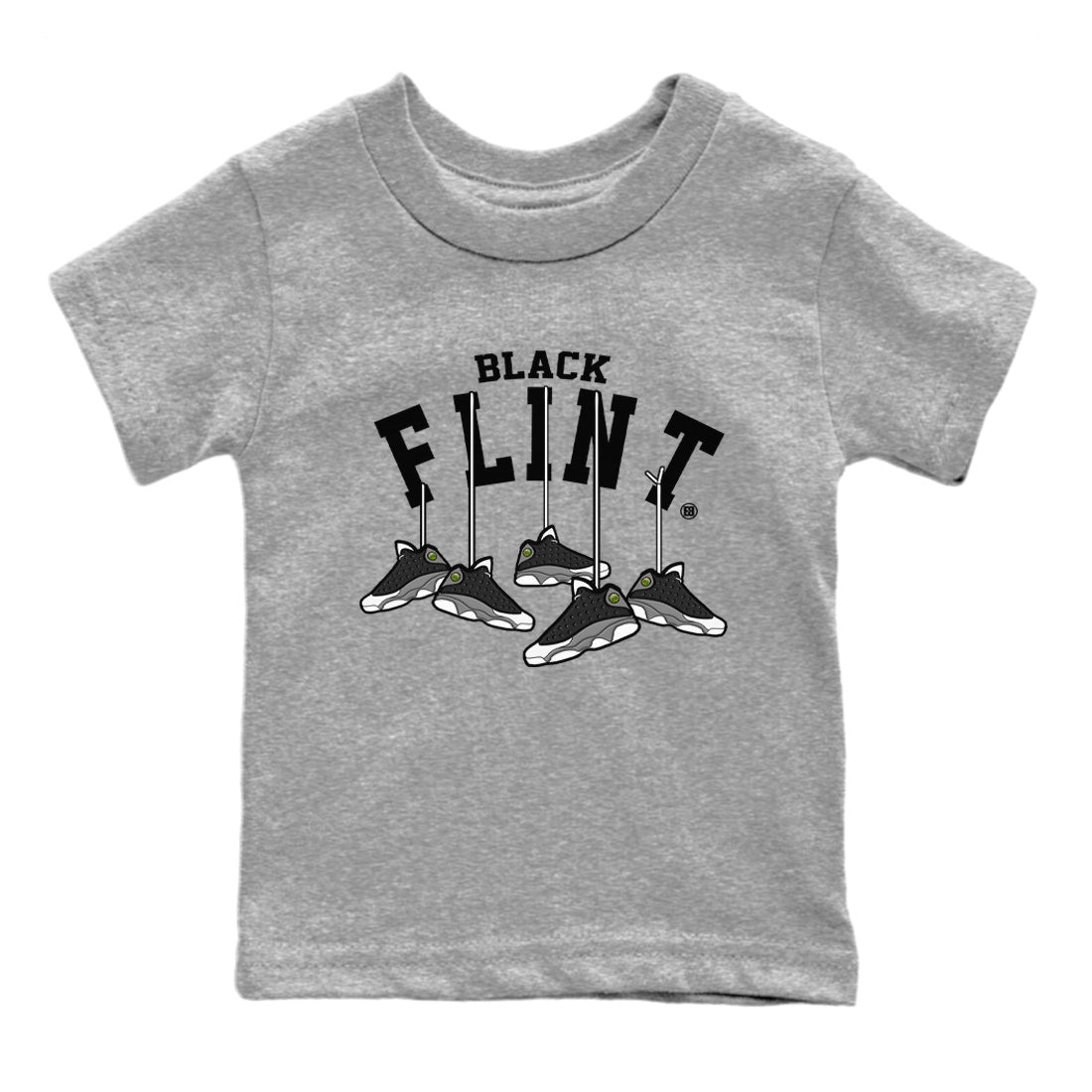 Air Jordan 13 Black Flint Sneaker Match Tees Hanging Sneakers Streetwear Sneaker Shirt Air Jordan 13 Retro Black Flint Sneaker Release Tees Kids Shirts Heather Grey 2
