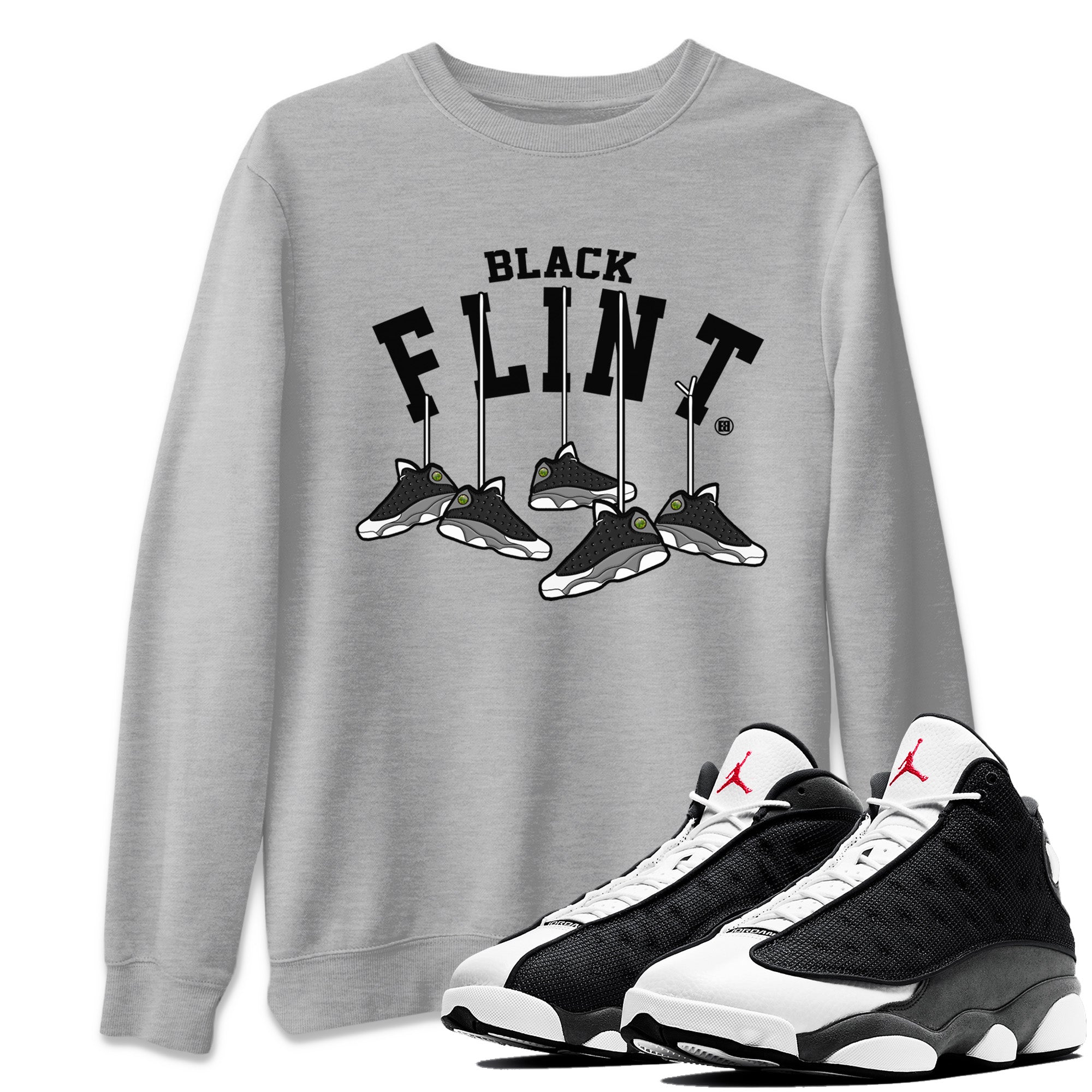 Air Jordan 13 Black Flint Sneaker Match Tees Hanging Sneakers Streetwear Sneaker Shirt Air Jordan 13 Retro Black Flint Sneaker Release Tees Unisex Shirts Heather Grey 1