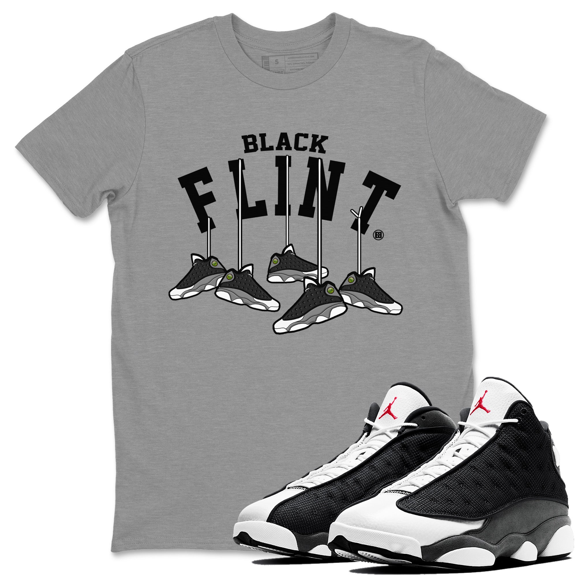 Air Jordan 13 Black Flint Sneaker Match Tees Hanging Sneakers Streetwear Sneaker Shirt Air Jordan 13 Retro Black Flint Sneaker Release Tees Unisex Shirts Heather Grey 1