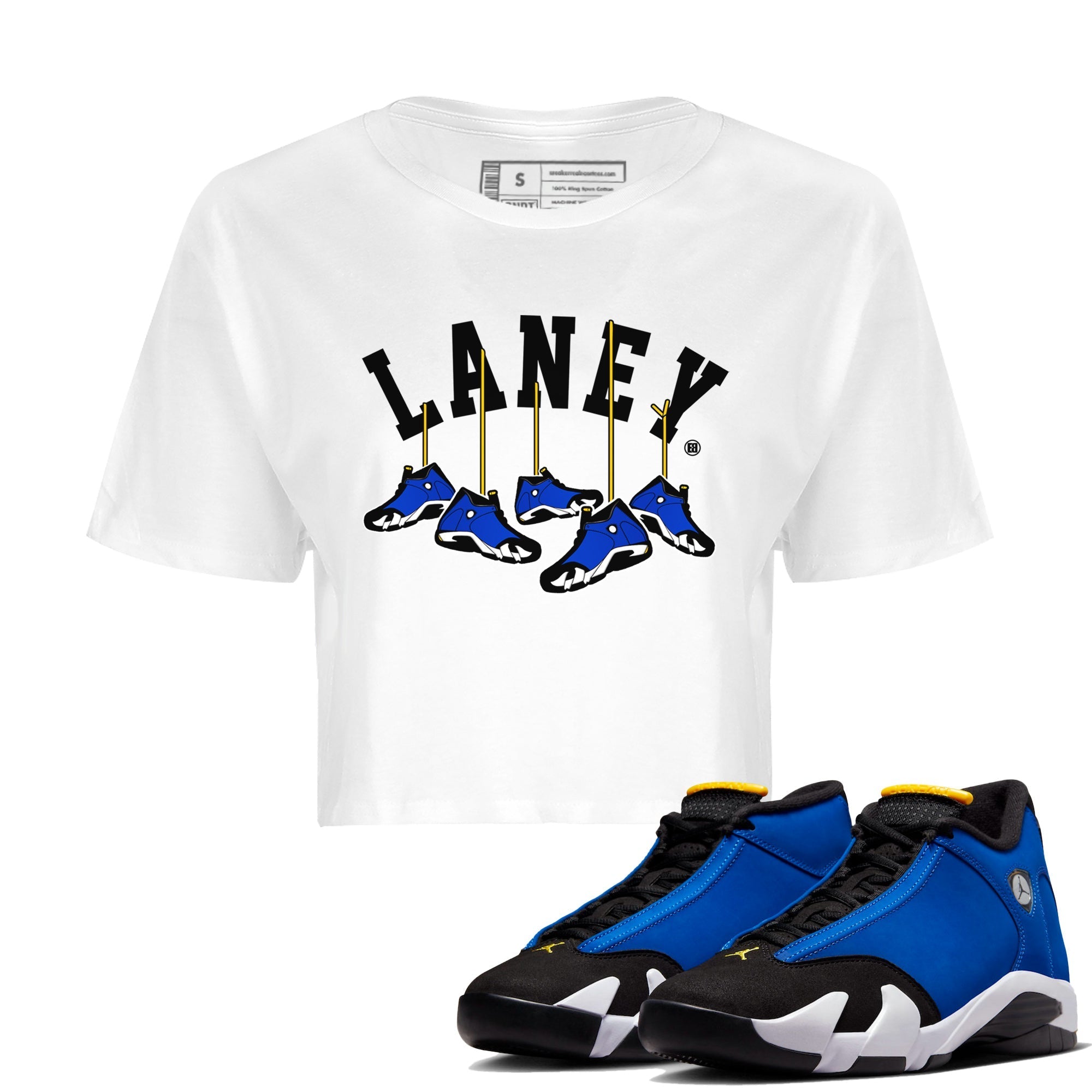 Air Jordan 14 Laney Sneaker Match Tees Hanging Sneakers Streetwear Sneaker Shirt Jordan 14 Laney Sneaker Release Tees Women's Shirts White 1