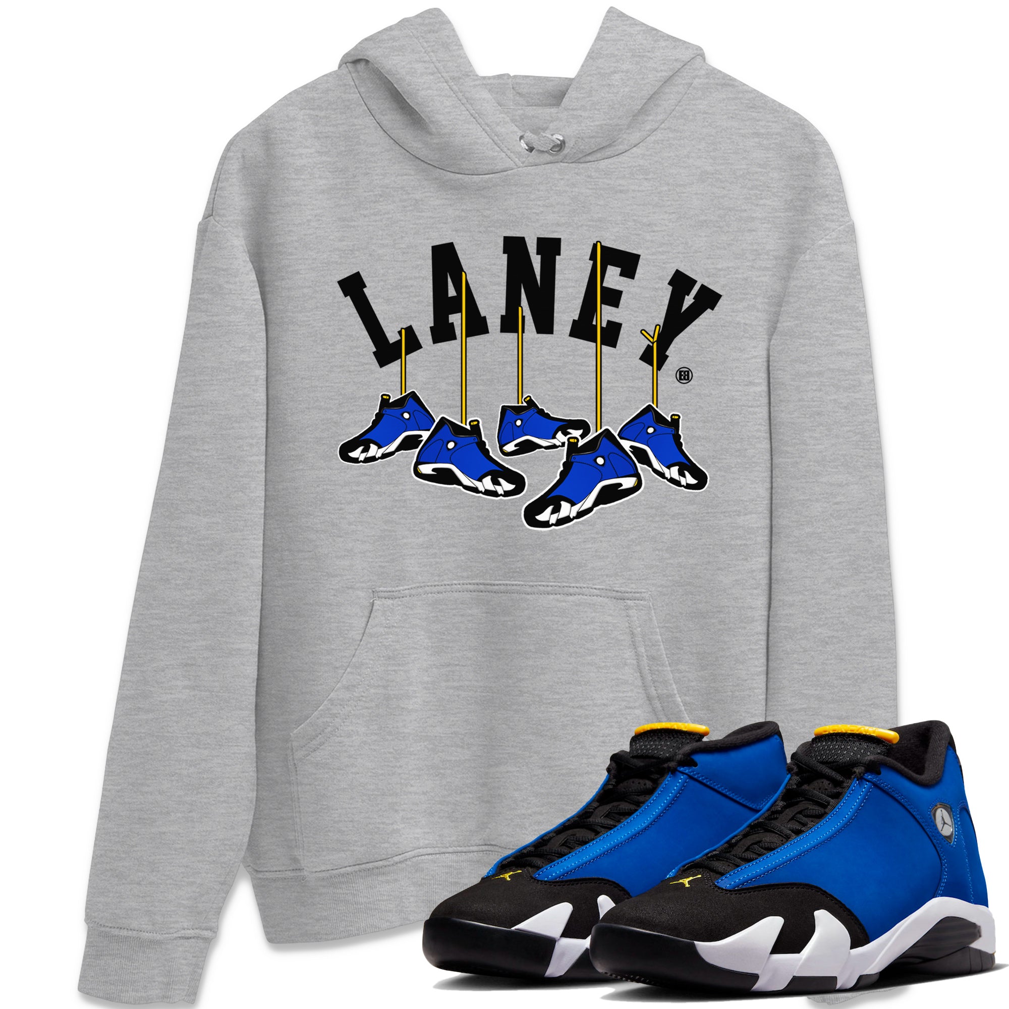 Air Jordan 14 Laney Sneaker Match Tees Hanging Sneakers Streetwear Sneaker Shirt Jordan 14 Laney Sneaker Release Tees Unisex Shirts Heather Grey 1