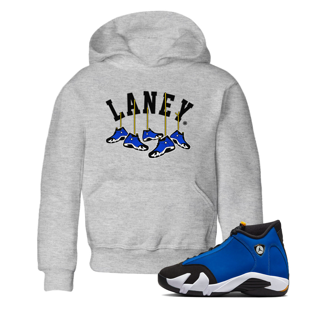 Air Jordan 14 Laney Sneaker Match Tees Hanging Sneakers Streetwear Sneaker Shirt Jordan 14 Laney Sneaker Release Tees Kids Shirts Heather Grey 1