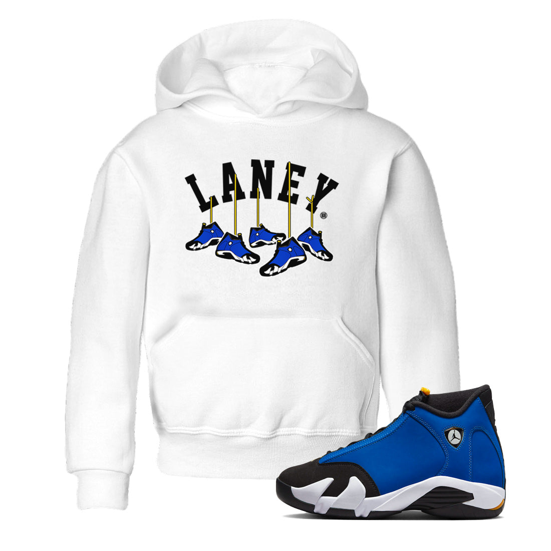 Air Jordan 14 Laney Sneaker Match Tees Hanging Sneakers Streetwear Sneaker Shirt Jordan 14 Laney Sneaker Release Tees Kids Shirts White 1