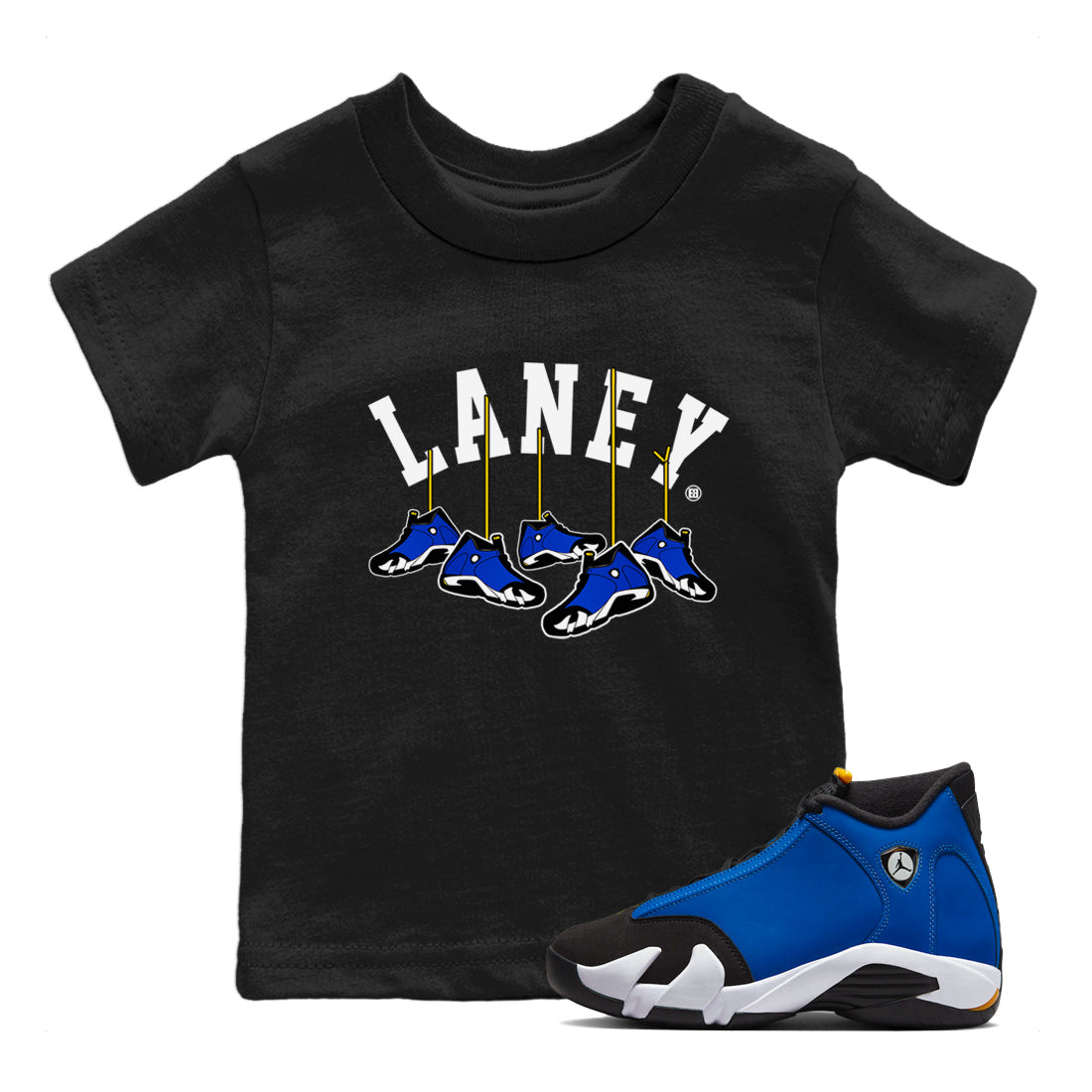Air Jordan 14 Laney Sneaker Match Tees Hanging Sneakers Streetwear Sneaker Shirt Jordan 14 Laney Sneaker Release Tees Kids Shirts Black 1