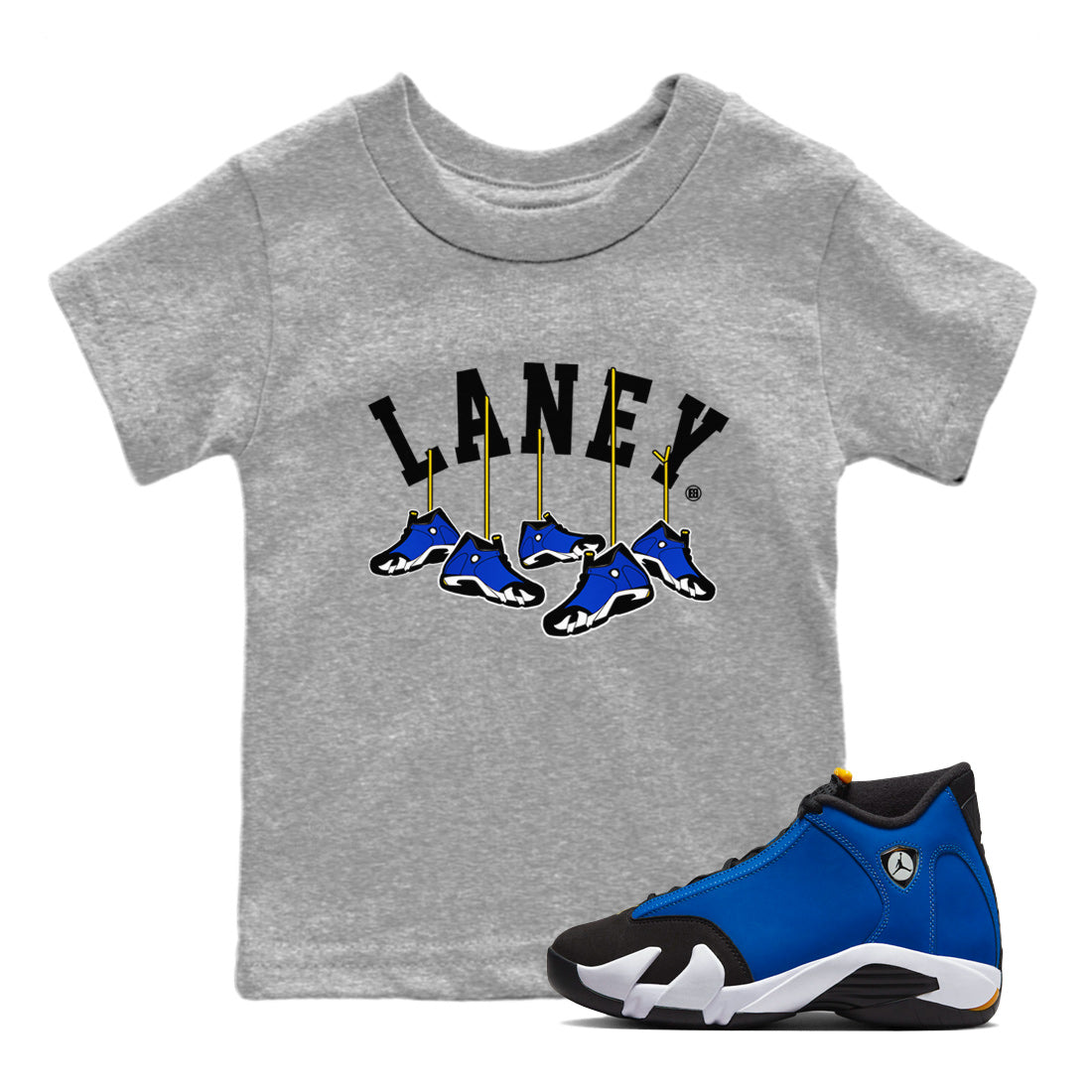 Air Jordan 14 Laney Sneaker Match Tees Hanging Sneakers Streetwear Sneaker Shirt Jordan 14 Laney Sneaker Release Tees Kids Shirts Heather Grey 1