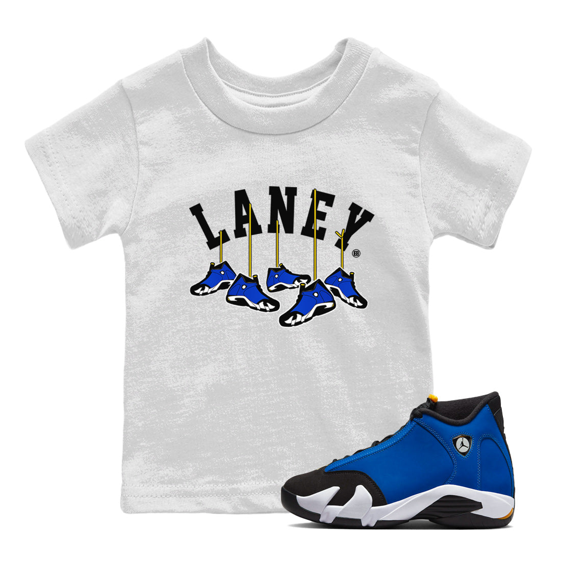 Air Jordan 14 Laney Sneaker Match Tees Hanging Sneakers Streetwear Sneaker Shirt Jordan 14 Laney Sneaker Release Tees Kids Shirts White 1