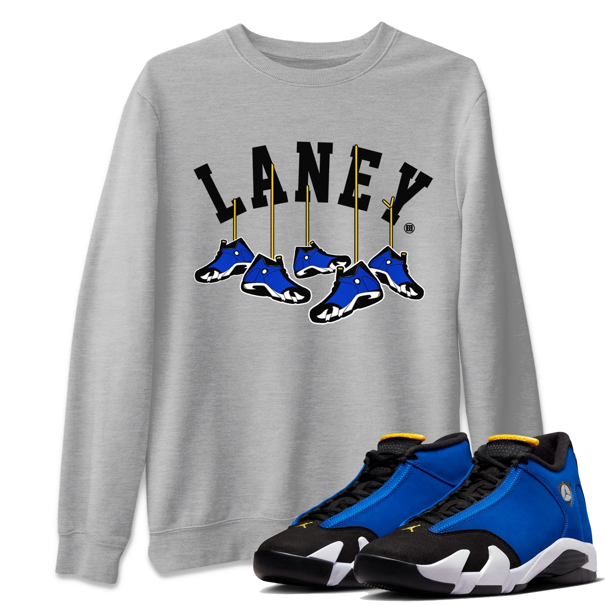 Air Jordan 14 Laney Sneaker Match Tees Hanging Sneakers Streetwear Sneaker Shirt Jordan 14 Laney Sneaker Release Tees Unisex Shirts Heather Grey 1