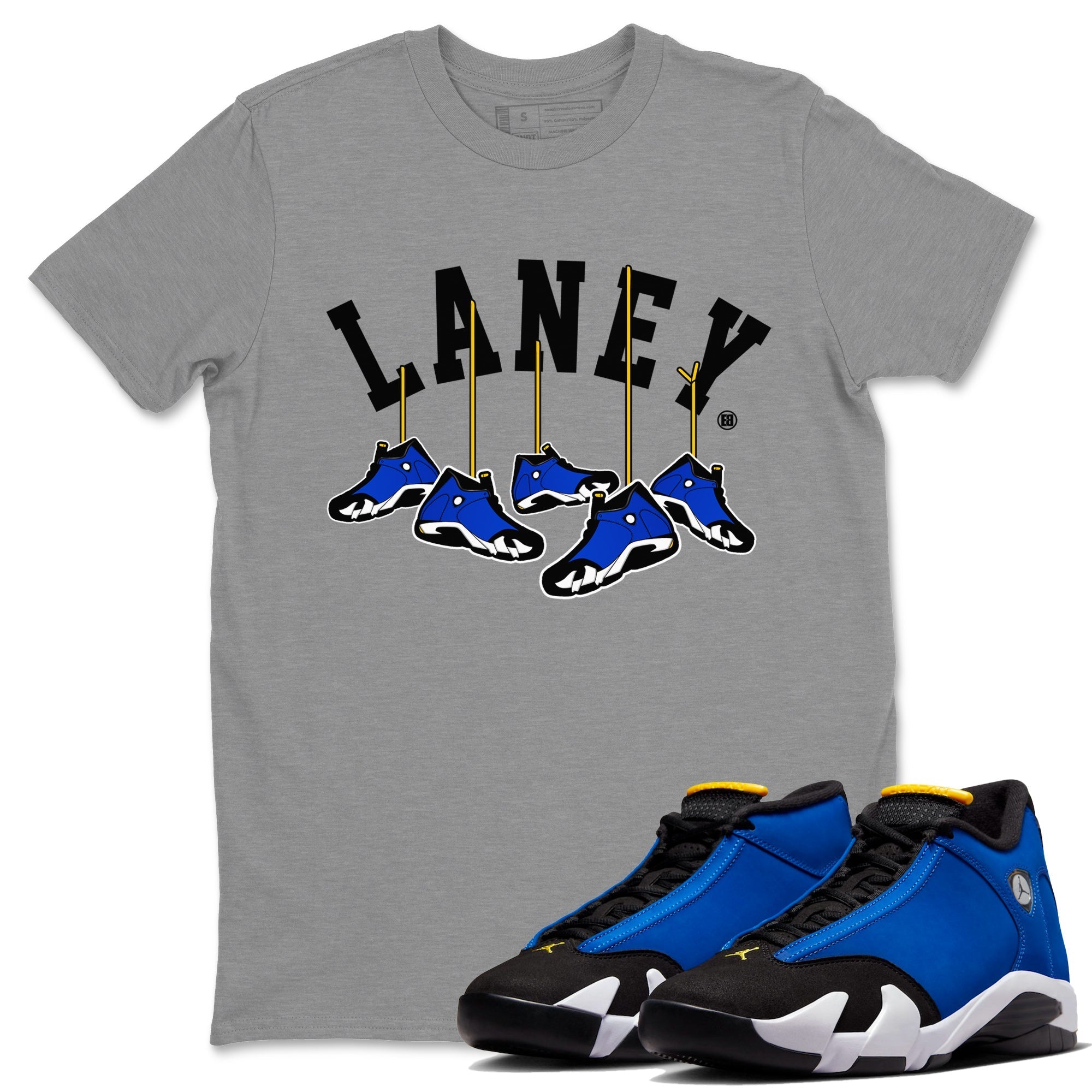 Air Jordan 14 Laney Sneaker Match Tees Hanging Sneakers Streetwear Sneaker Shirt Jordan 14 Laney Sneaker Release Tees Unisex Shirts Heather Grey 1