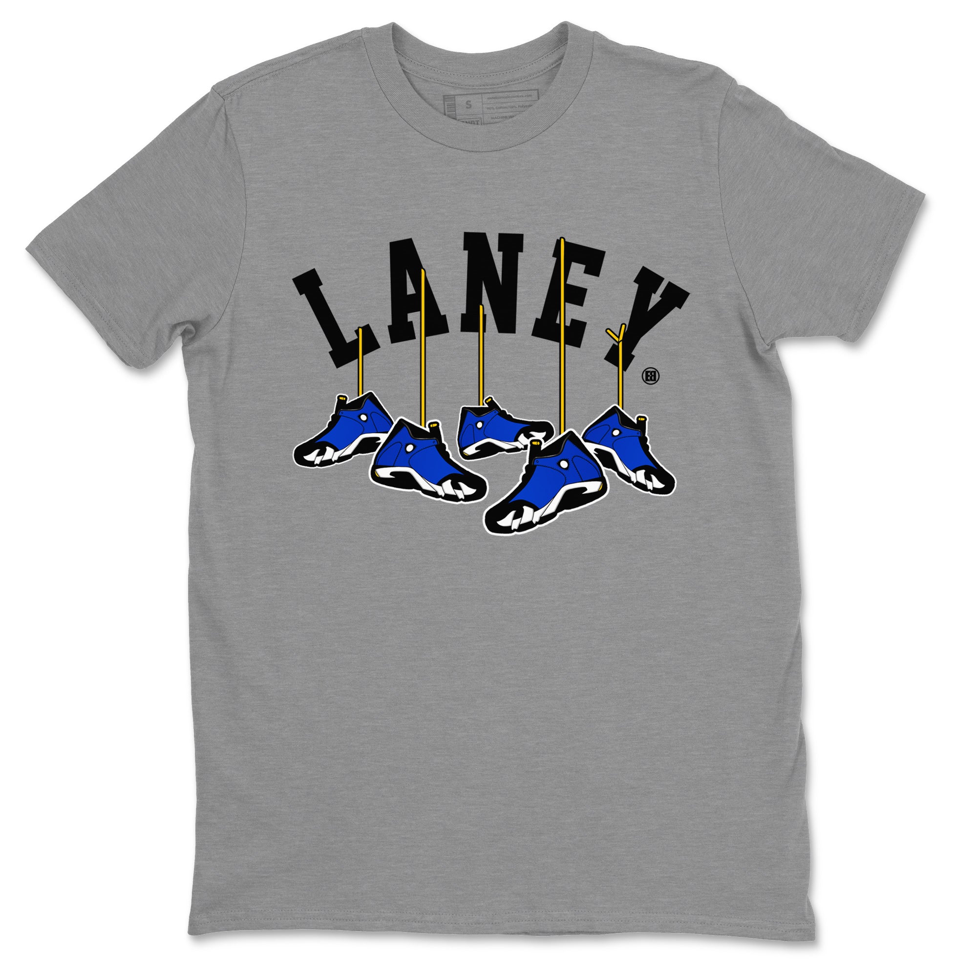 Air Jordan 14 Laney Sneaker Match Tees Hanging Sneakers Streetwear Sneaker Shirt Jordan 14 Laney Sneaker Release Tees Unisex Shirts Heather Grey 2