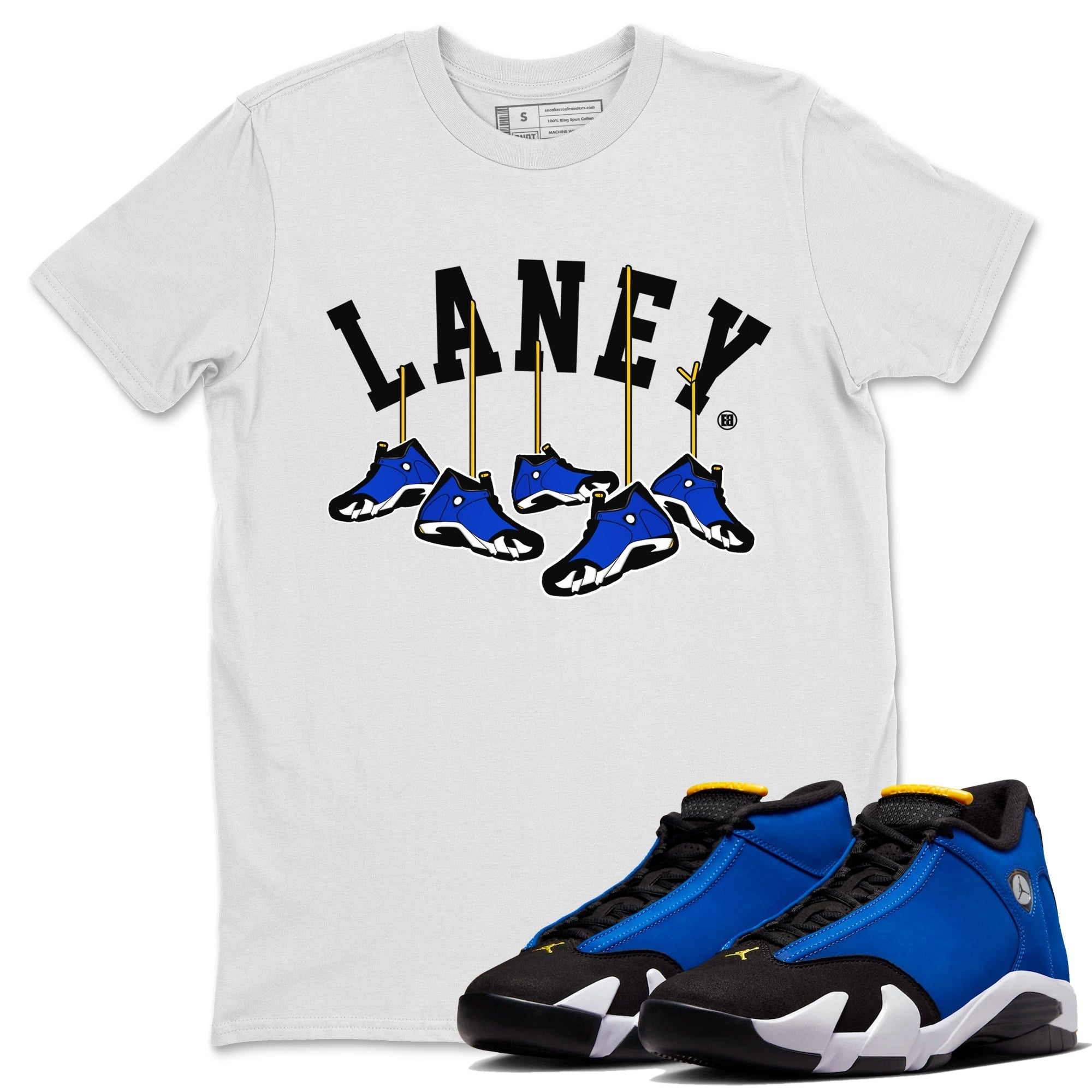 Air Jordan 14 Laney Sneaker Match Tees Hanging Sneakers Streetwear Sneaker Shirt Jordan 14 Laney Sneaker Release Tees Unisex Shirts White 1
