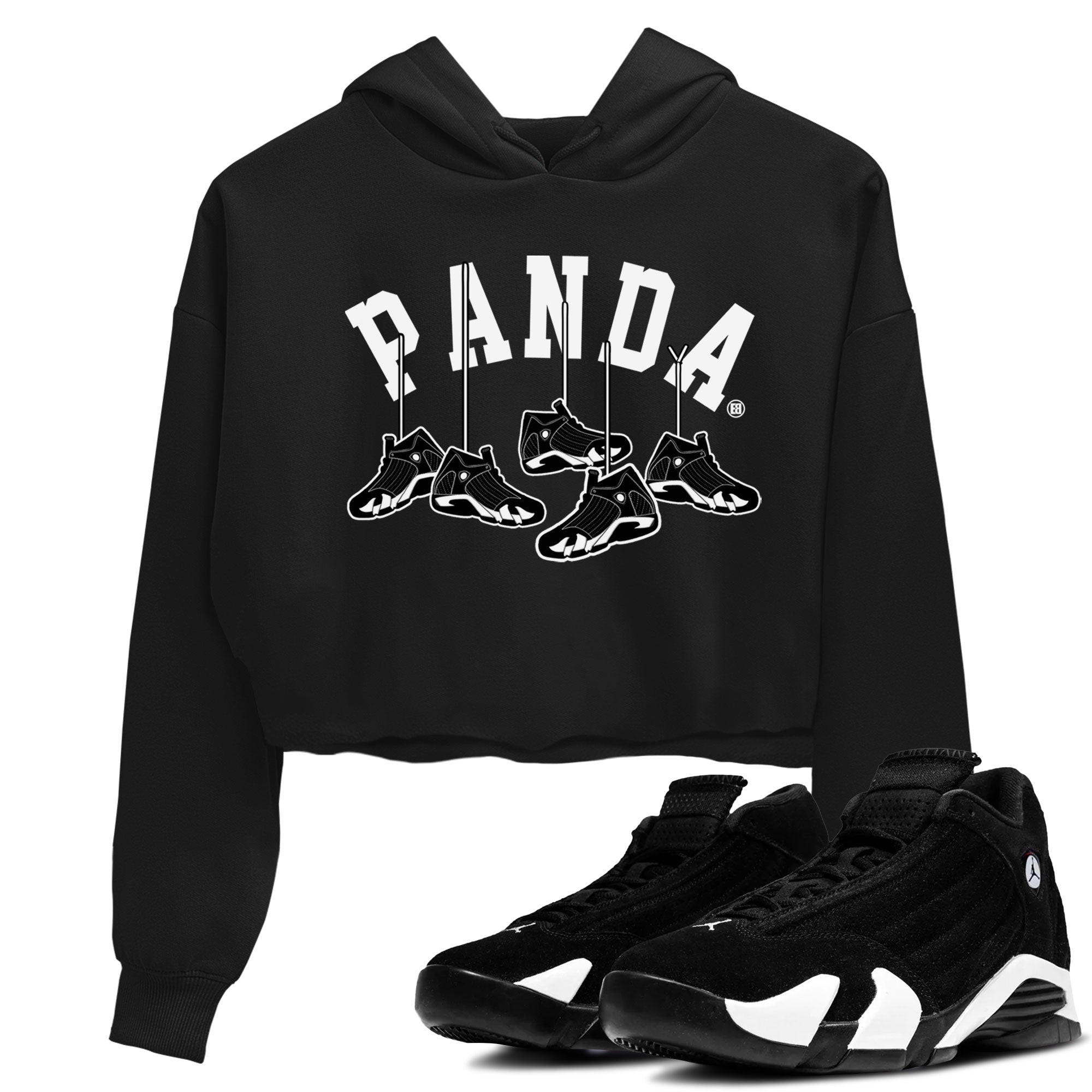 14s Panda shirt to match jordans Hanging Sneakers sneaker match tee Air Jordan 14 Panda AJ14 Black White Drip Gear Zone Black 1 women's crop tee