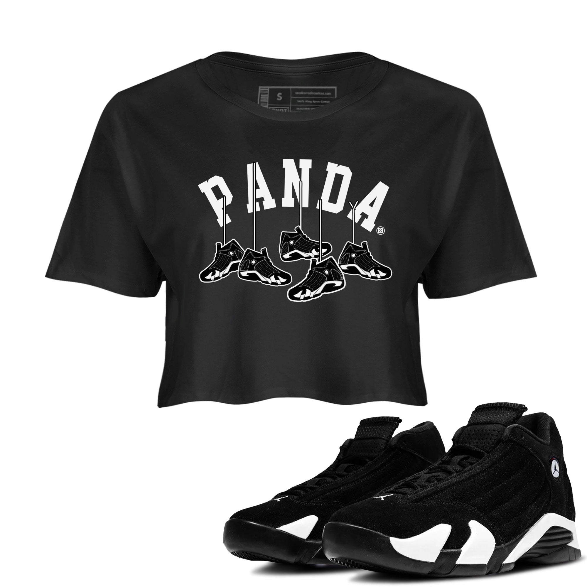 14s Panda shirt to match jordans Hanging Sneakers sneaker match tee Air Jordan 14 Panda AJ14 Black White Drip Gear Zone Black 1 women's crop tee