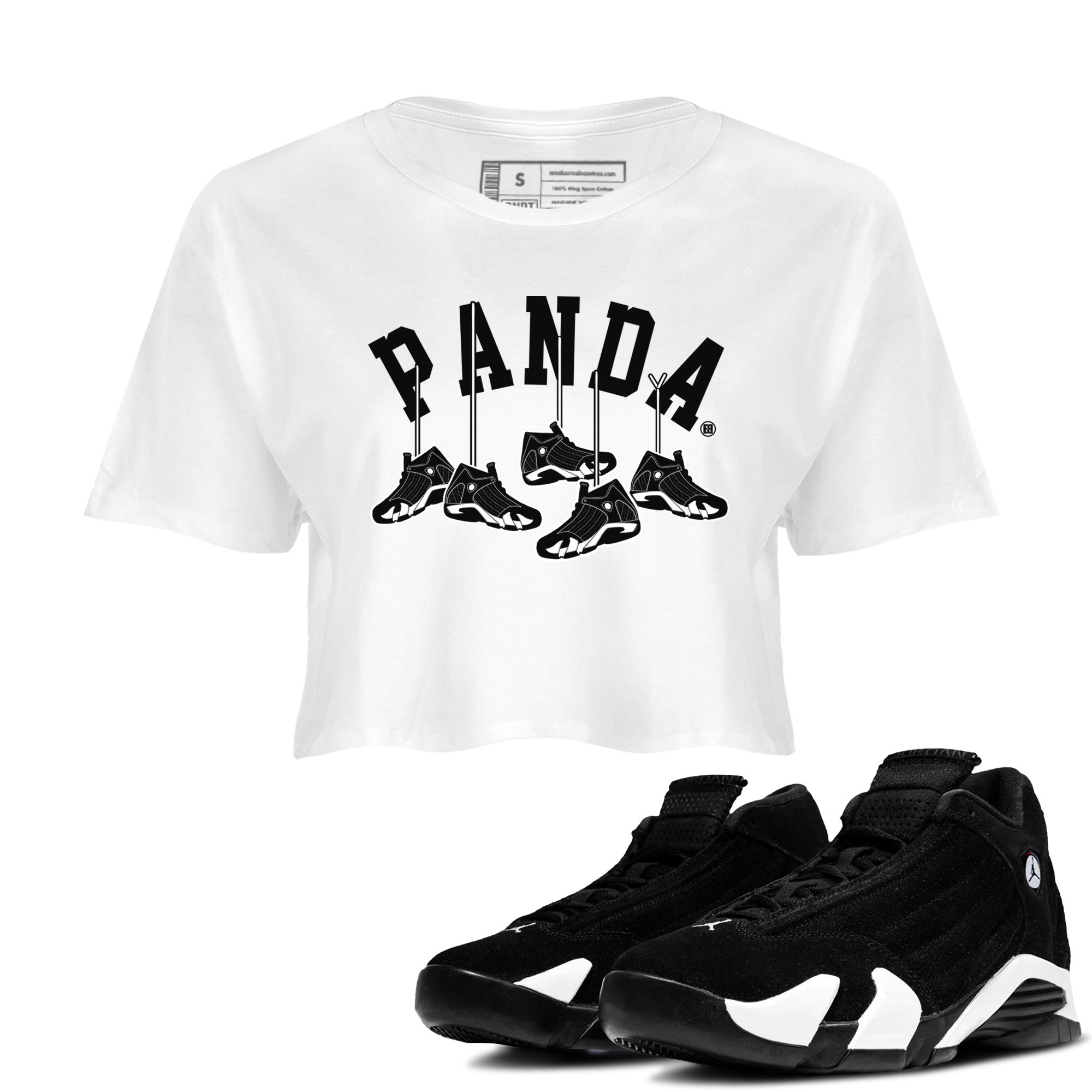 14s Panda shirt to match jordans Hanging Sneakers sneaker match tee Air Jordan 14 Panda AJ14 Black White Drip Gear Zone White 1 women's crop tee
