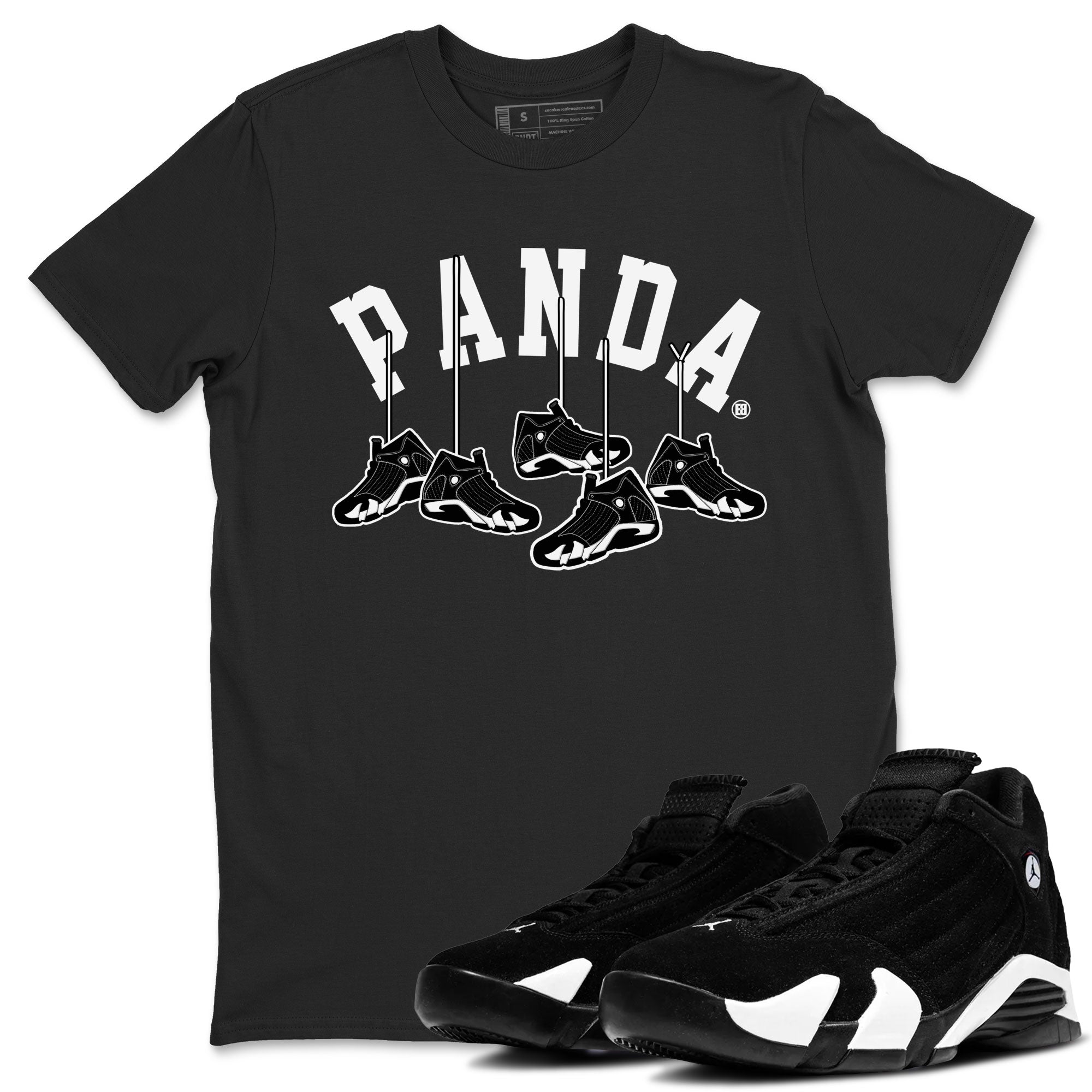 14s Panda shirt to match jordans Hanging Sneakers sneaker match tee Air Jordan 14 Panda AJ14 Black White Drip Gear Zone unisex cotton Black 2 crew neck shirt