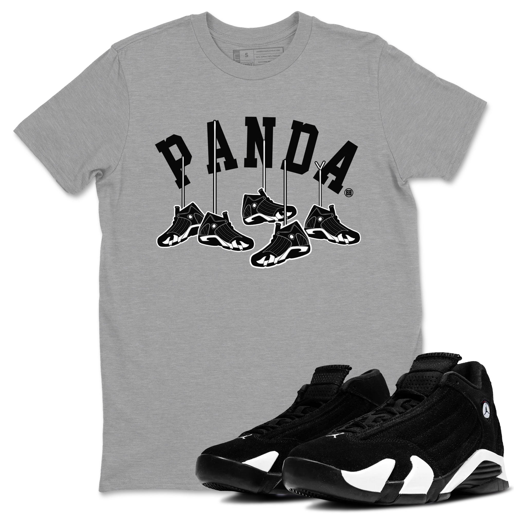 14s Panda shirt to match jordans Hanging Sneakers sneaker match tee Air Jordan 14 Panda AJ14 Black White Drip Gear Zone unisex cotton Heather Grey 1 crew neck shirt