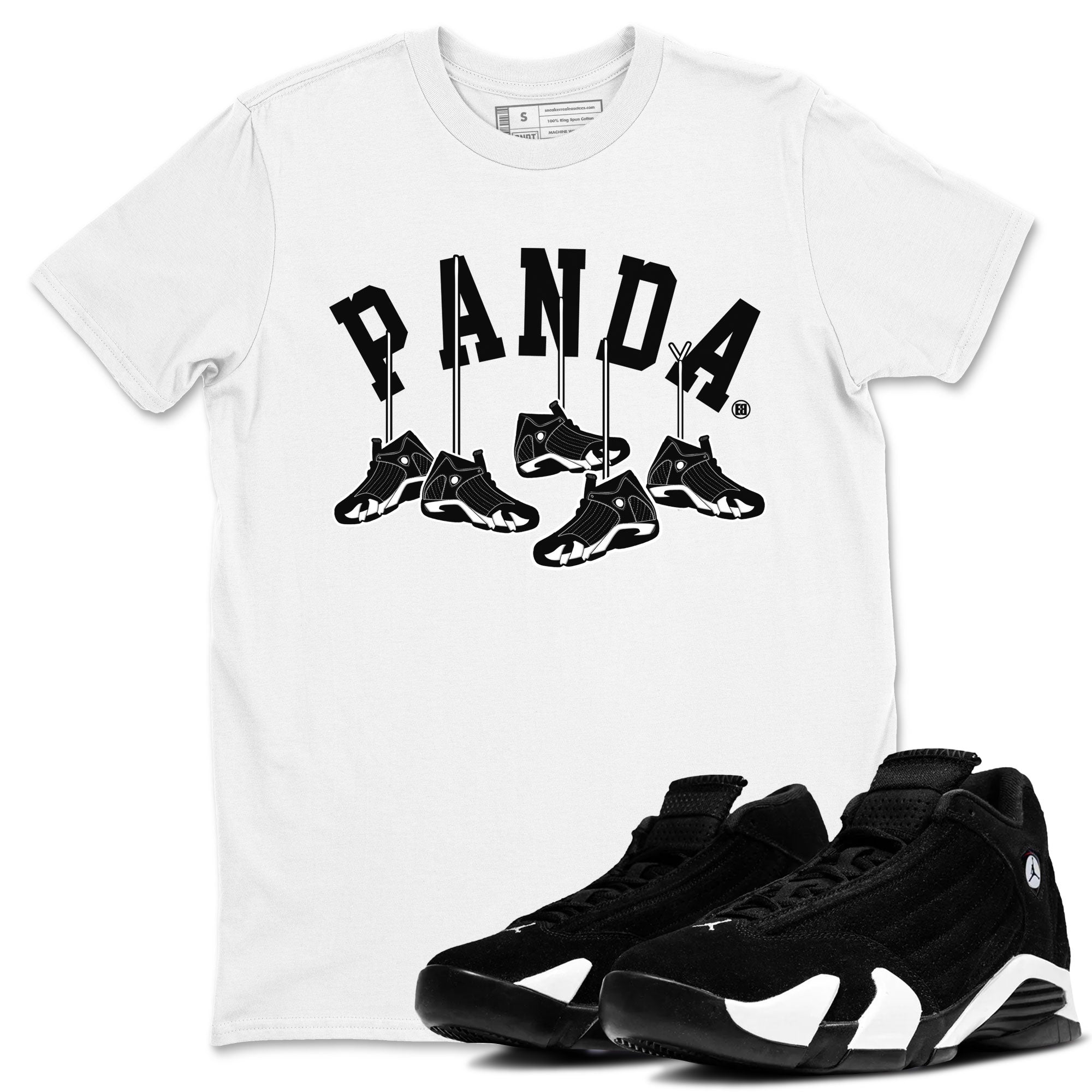 14s Panda shirt to match jordans Hanging Sneakers sneaker match tee Air Jordan 14 Panda AJ14 Black White Drip Gear Zone unisex cotton White 1 crew neck shirt