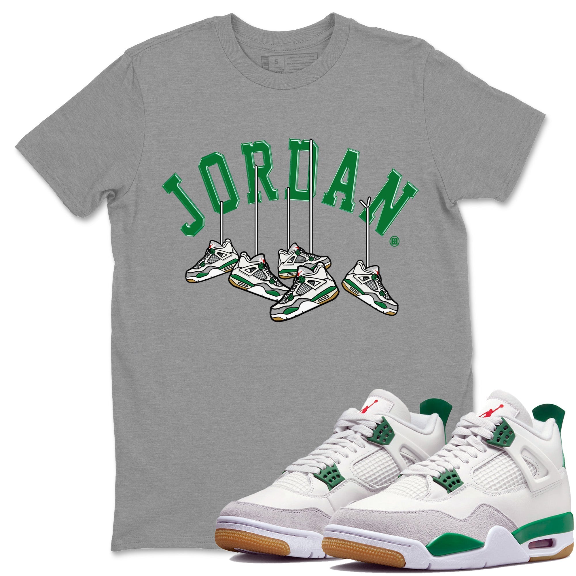 Air Jordan 4 Pine Green Hanging Sneakers Crew Neck Streetwear Sneaker Shirt Jordan Retro 4 Pine Green Sneaker T-Shirts Size Chart