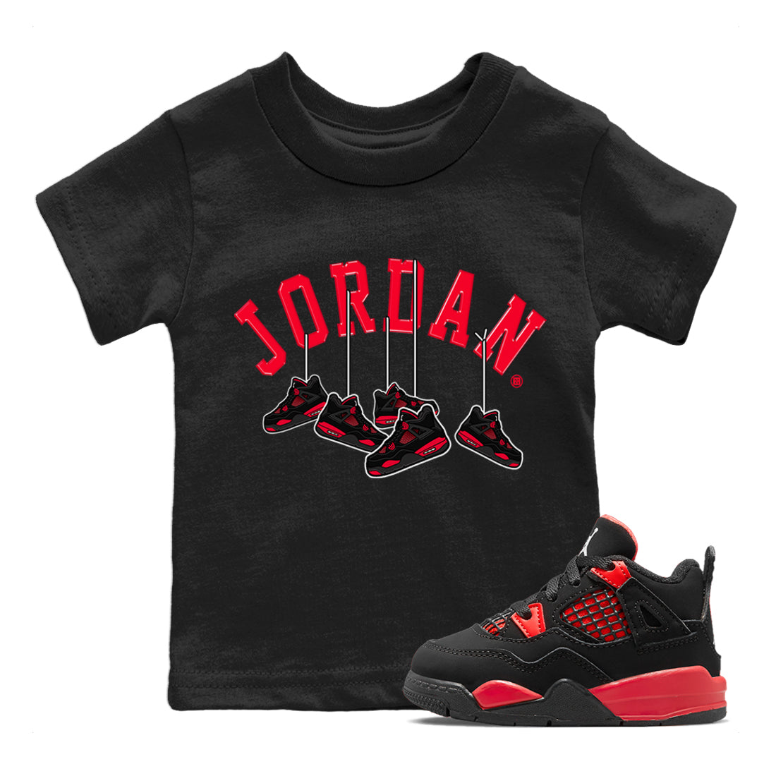 Jordan 4 Red Thunder Sneaker Matching T-Shirt Hanging Sneakers Sneaker Tees Jordan 4 Red Thunder Sneaker Release Tees Kids Shirts
