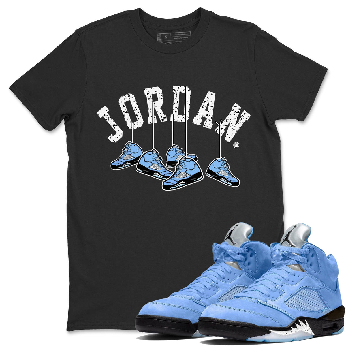 Jordan 5 UNC Sneaker Matching T-Shirt Hanging Sneakers Sneaker Tees Jordan 5 UNC Sneaker Release Tees Crew Neck Tees