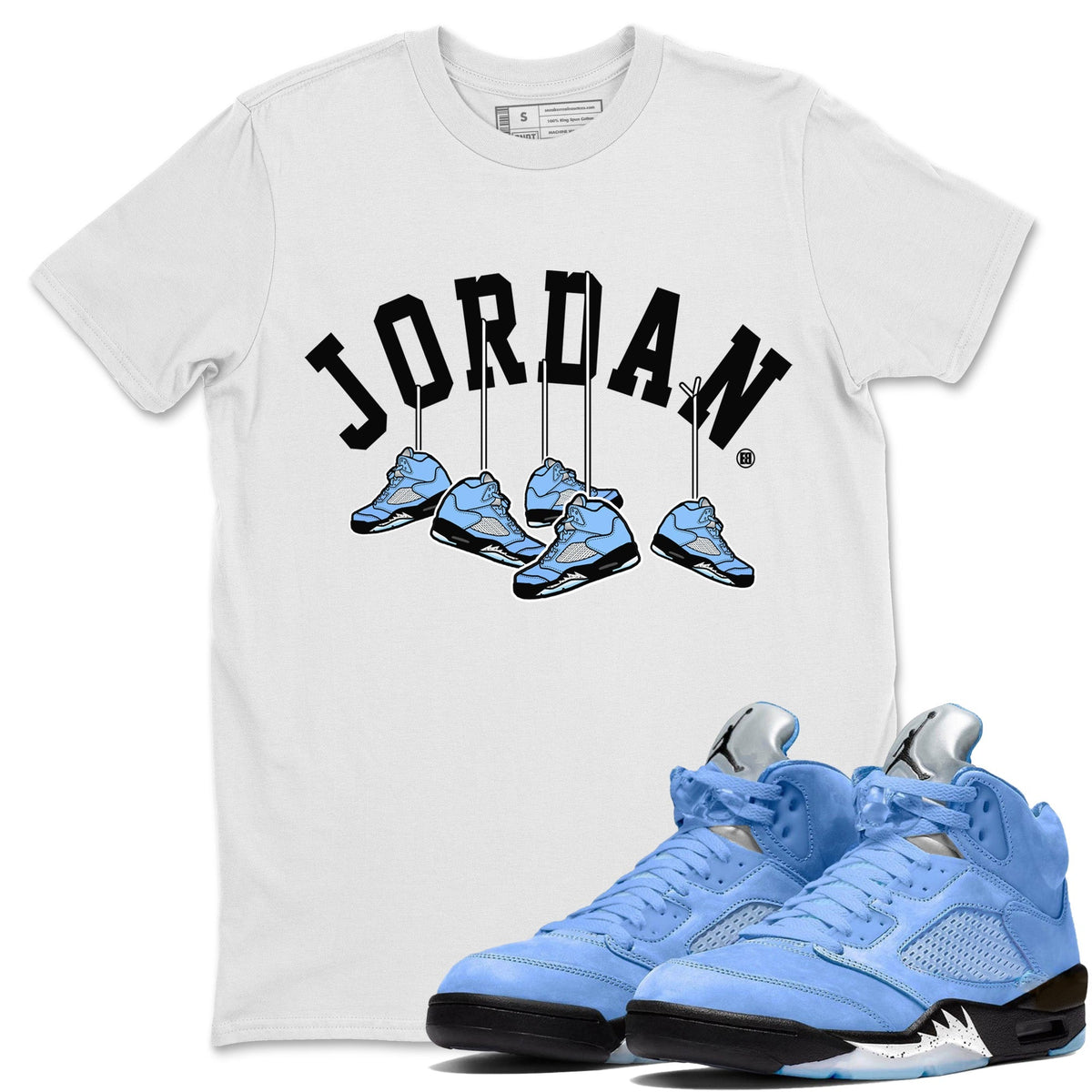 Jordan 5 UNC Sneaker Matching T-Shirt Hanging Sneakers Sneaker Tees Jordan 5 UNC Sneaker Release Tees Crew Neck Tees