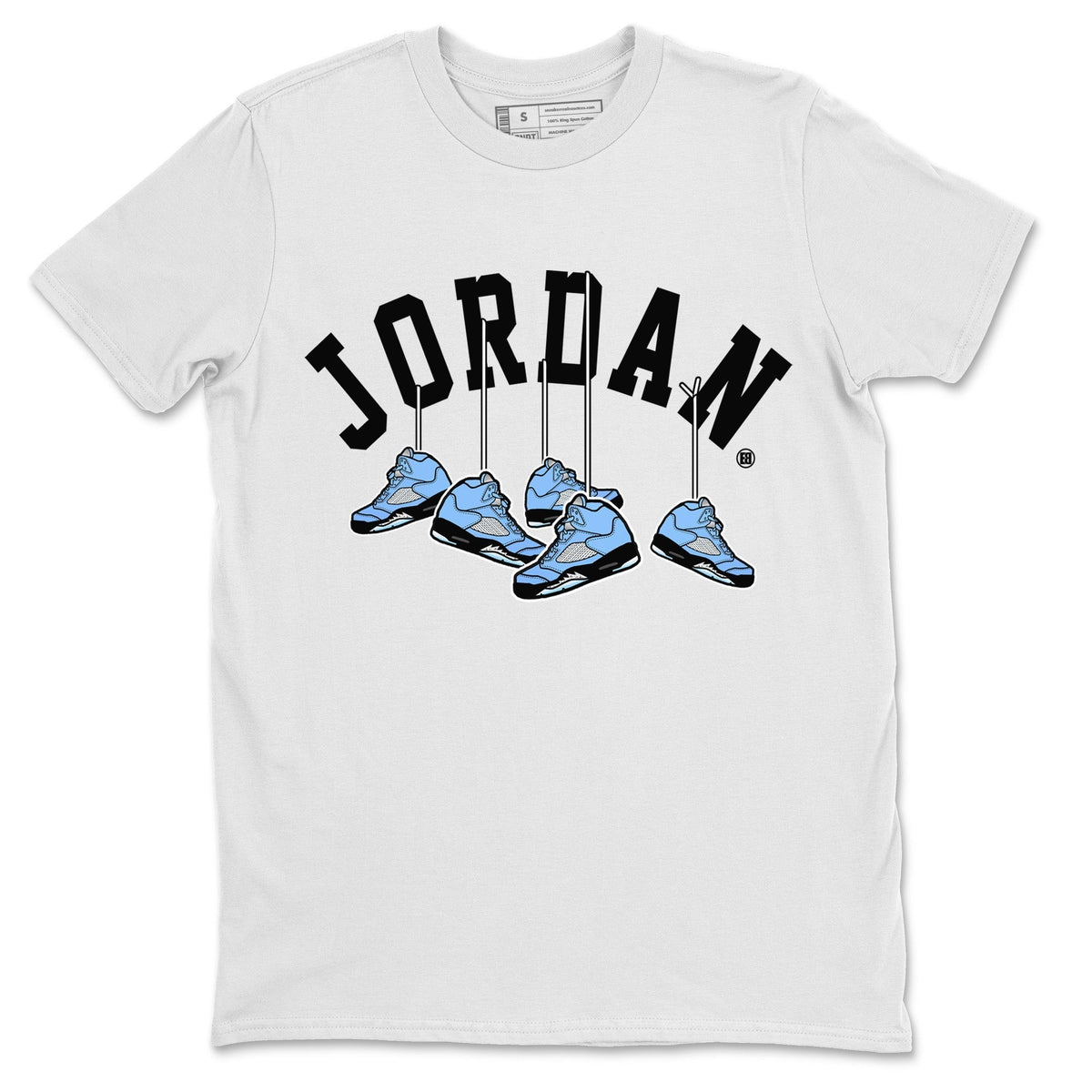 Jordan 5 UNC Sneaker Matching T-Shirt Hanging Sneakers Sneaker Tees Jordan 5 UNC Sneaker Release Tees Crew Neck Tees