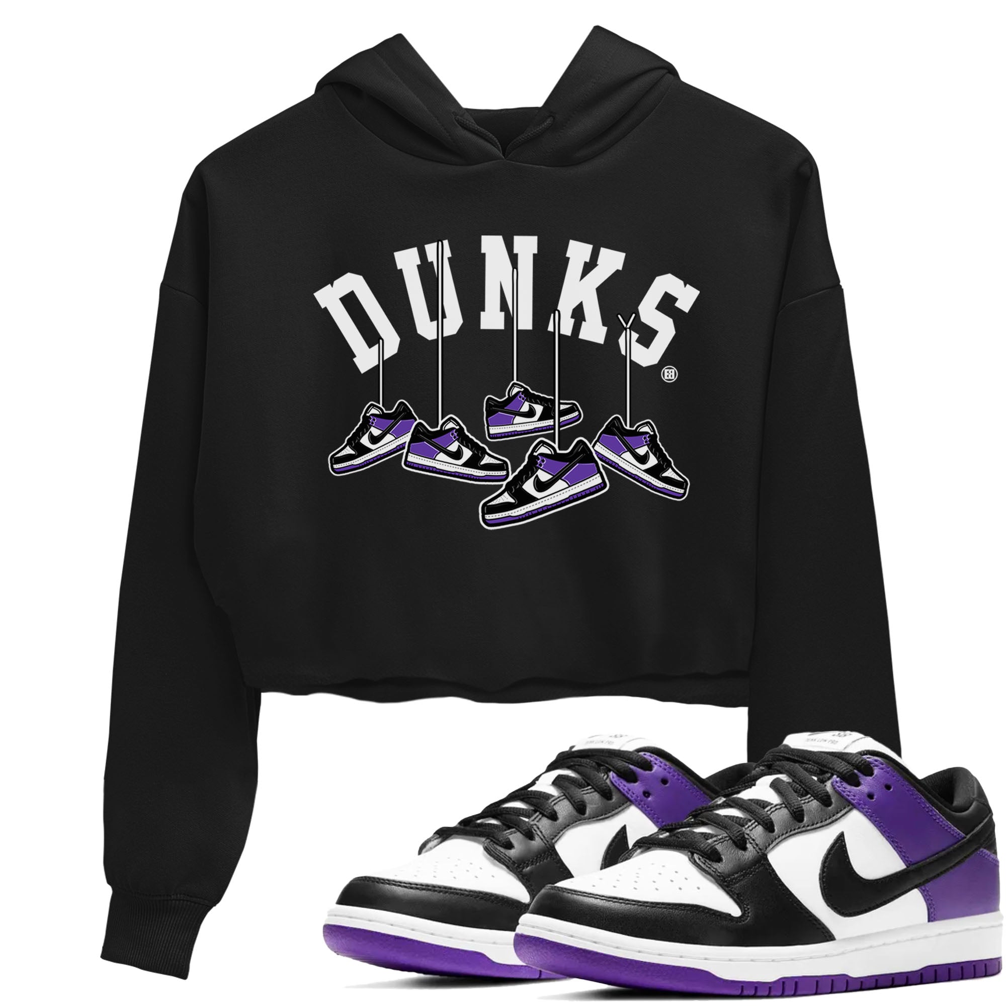 Nike SB Dunk Low Court Purple Shirt To Match Jordans Hanging Sneakers Streetwear Fashion Dunk Low Court Purple Drip Gear Zone Black 1 Women's Crop Tee