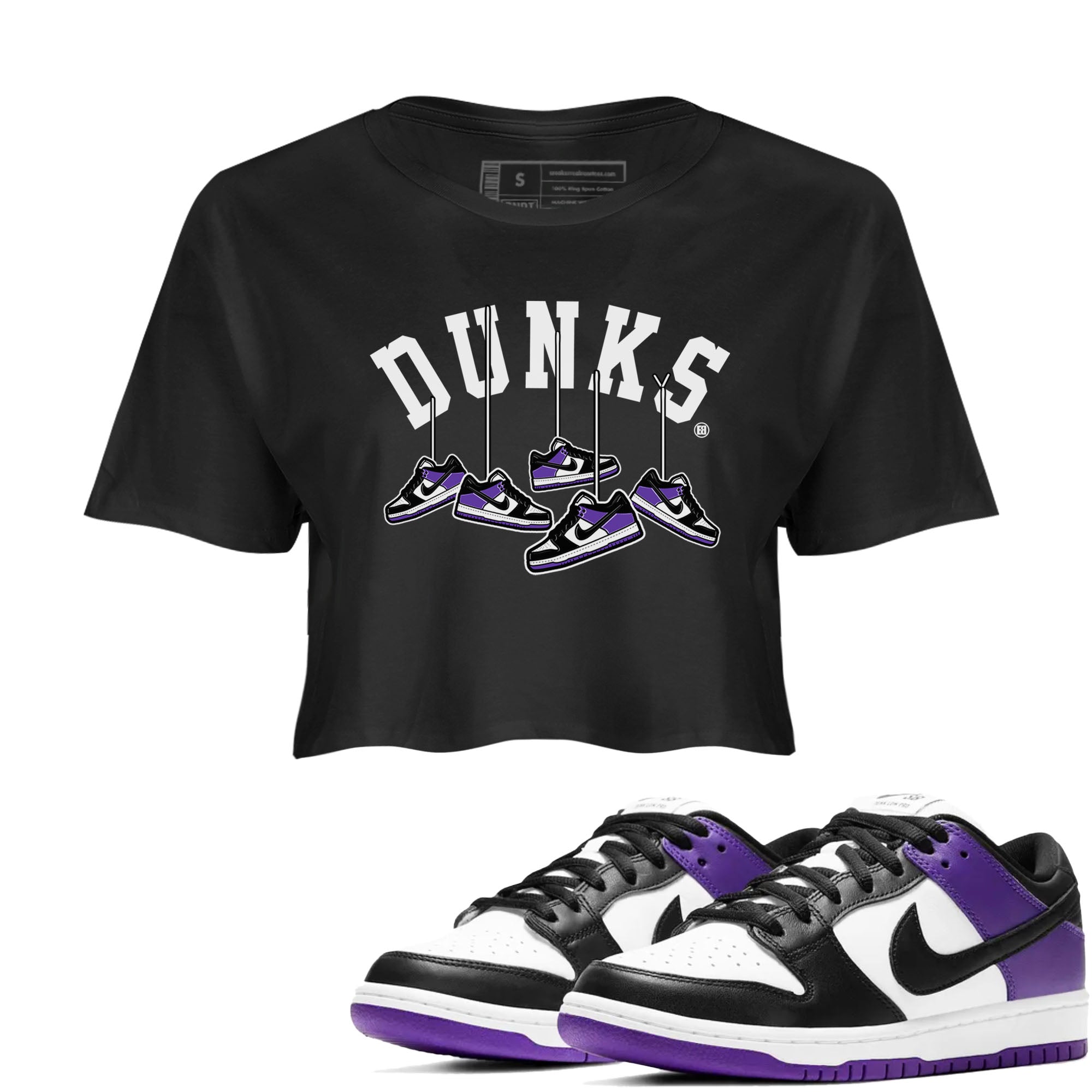 Nike SB Dunk Low Court Purple Shirt To Match Jordans Hanging Sneakers Streetwear Fashion Dunk Low Court Purple Drip Gear Zone Black 1 Women's Crop Tee