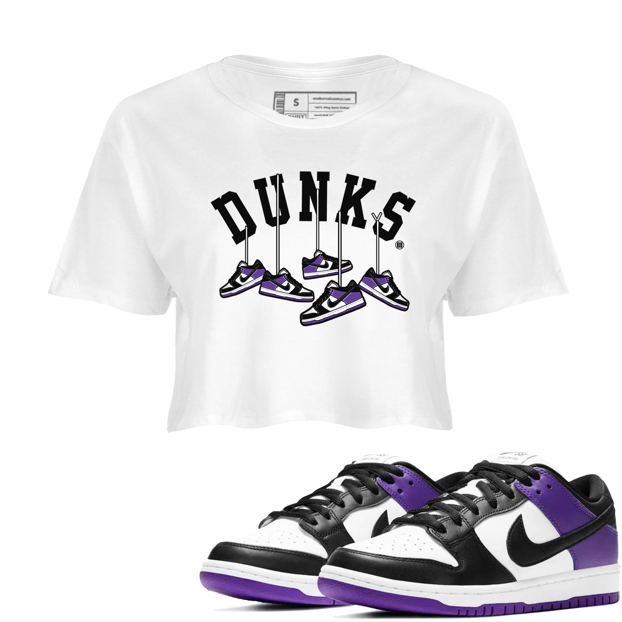 Nike SB Dunk Low Court Purple Shirt To Match Jordans Hanging Sneakers Streetwear Fashion Dunk Low Court Purple Drip Gear Zone White 1 Women's Crop Tee
