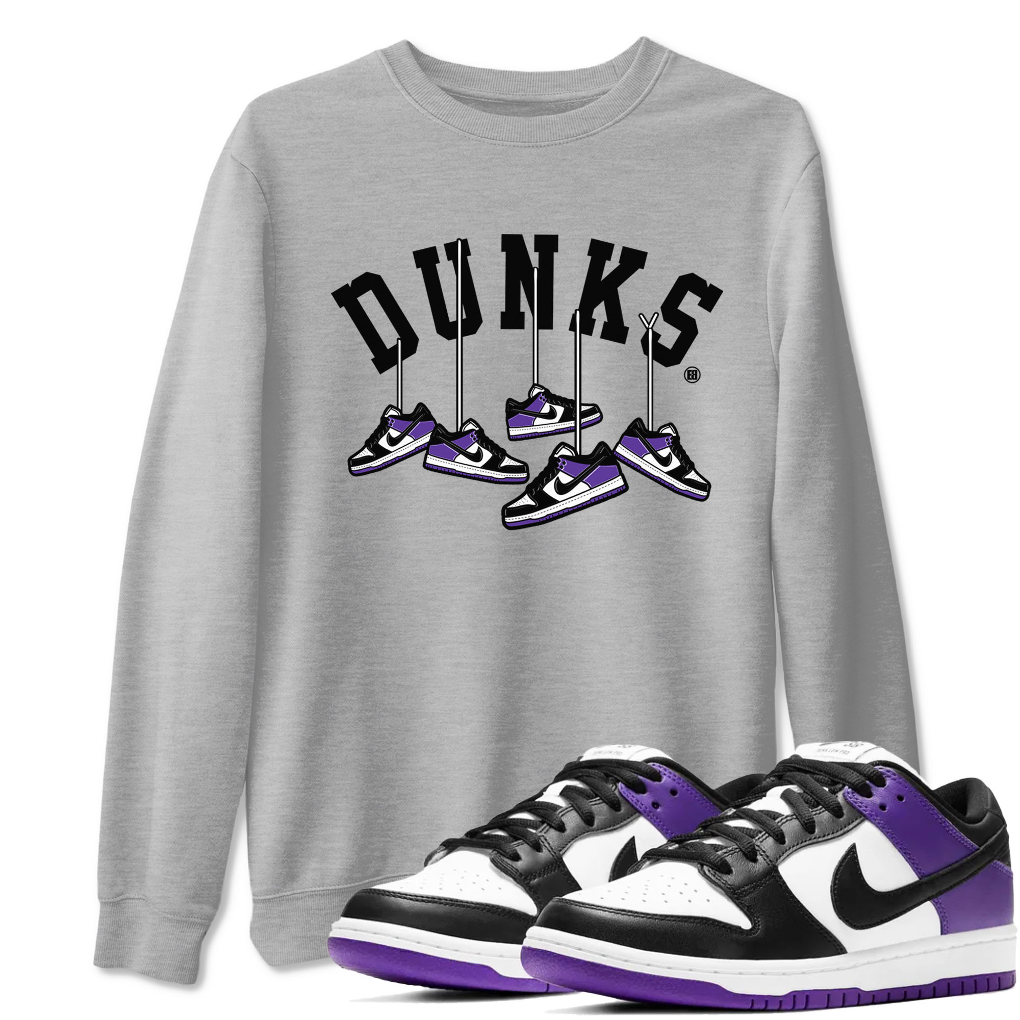 Nike SB Dunk Low Court Purple Shirt To Match Jordans Hanging Sneakers Streetwear Fashion Dunk Low Court Purple Drip Gear Zone unisex crew neck t-shirt Heather Grey 1 crew neck shirt
