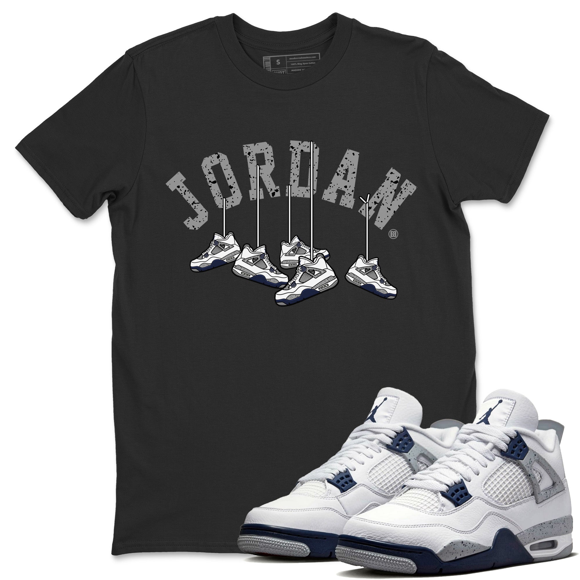 Jordan 4 Midnight Navy Sneaker Matching T-Shirt Hanging Sneakers Sneaker Tees Jordan 4 Midnight Navy Sneaker Release Tees Crew Neck Tees