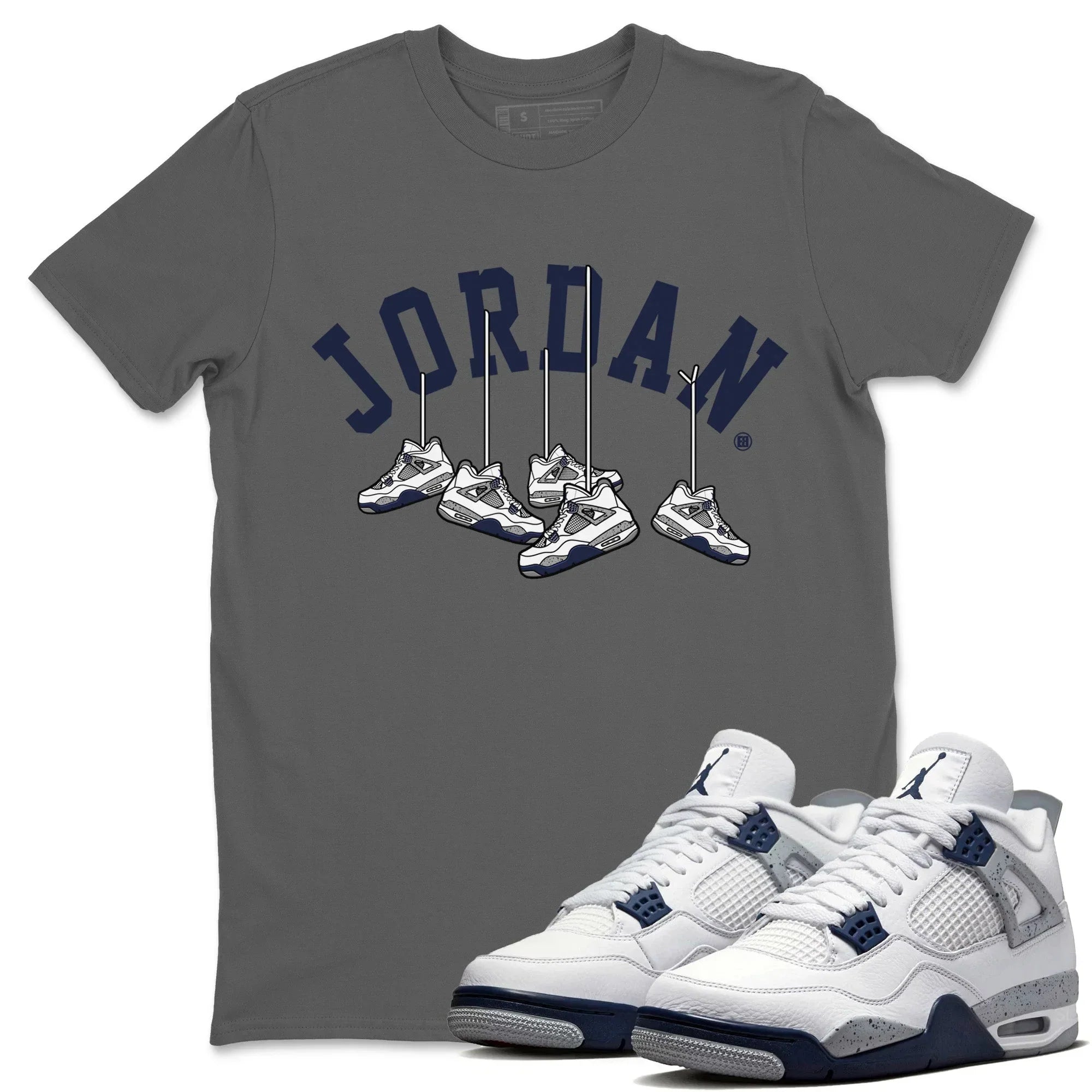 Jordan 4 Midnight Navy Sneaker Matching T-Shirt Hanging Sneakers Sneaker Tees Jordan 4 Midnight Navy Sneaker Release Tees Crew Neck Tees