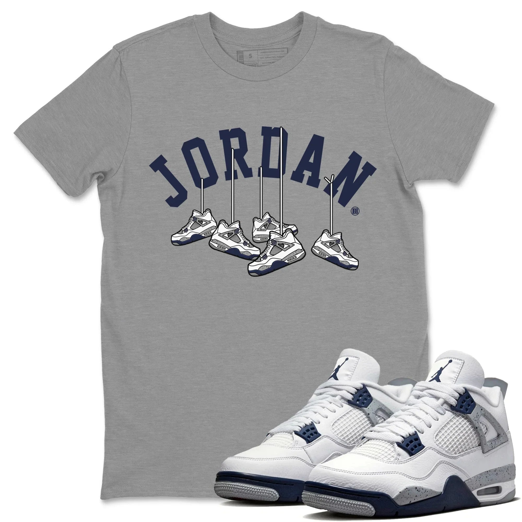 Jordan 4 Midnight Navy Sneaker Matching T-Shirt Hanging Sneakers Sneaker Tees Jordan 4 Midnight Navy Sneaker Release Tees Crew Neck Tees