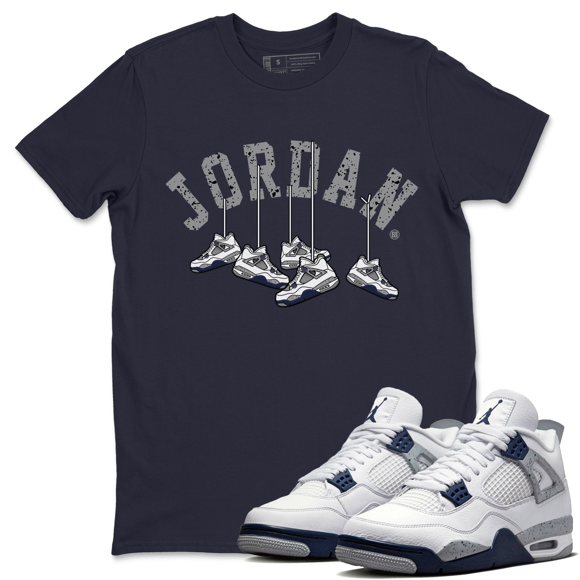 Jordan 4 Midnight Navy Sneaker Matching T-Shirt Hanging Sneakers Sneaker Tees Jordan 4 Midnight Navy Sneaker Release Tees Crew Neck Tees