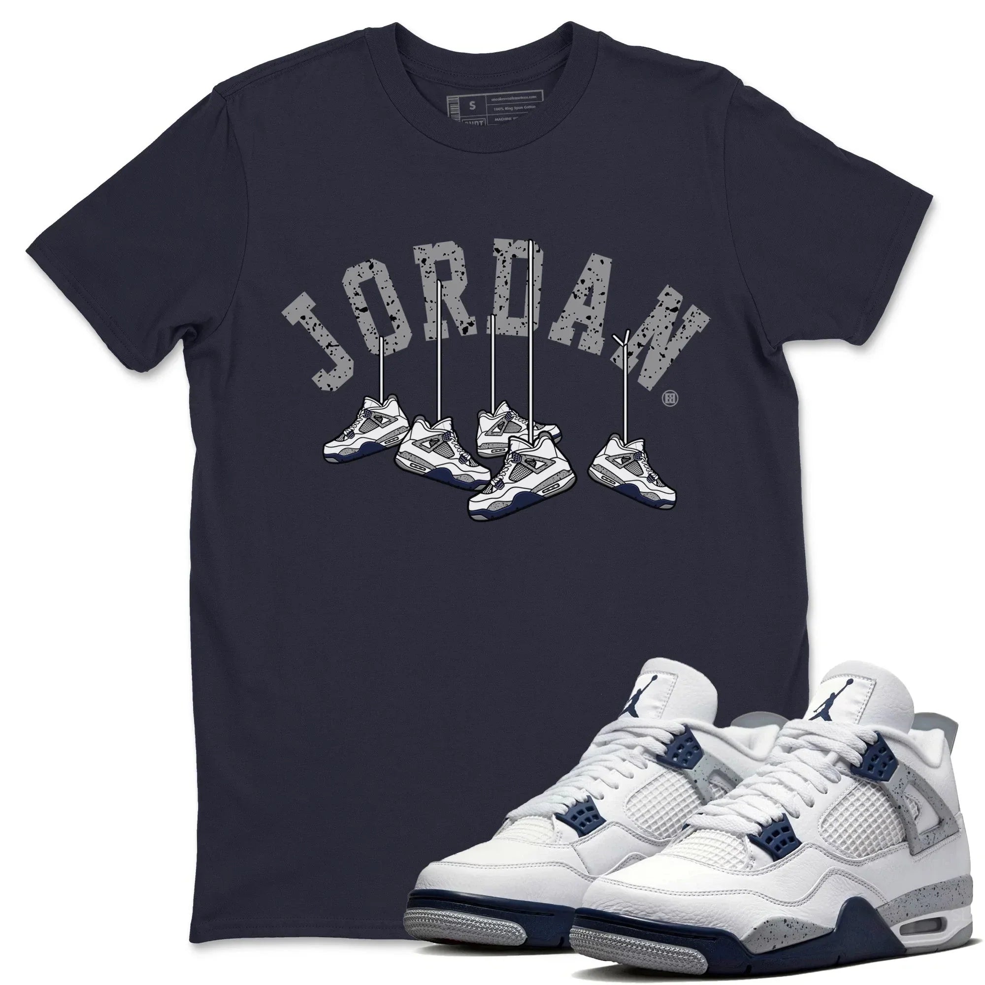 Jordan 4 Midnight Navy Sneaker Matching T-Shirt Hanging Sneakers Sneaker Tees Jordan 4 Midnight Navy Sneaker Release Tees Crew Neck Tees