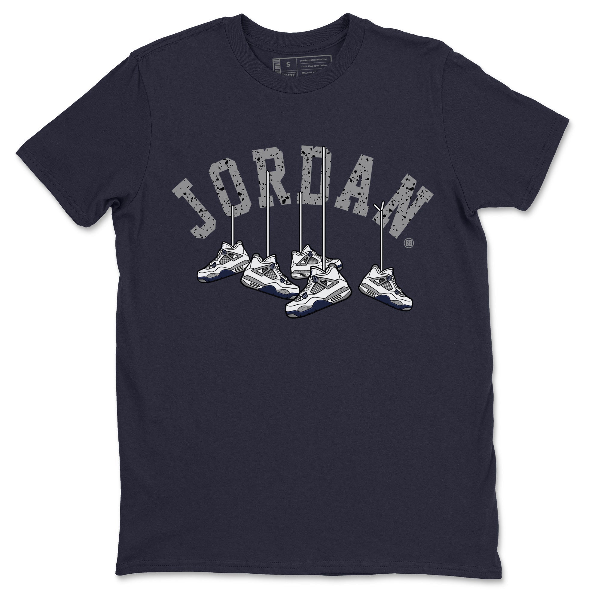 Jordan 4 Midnight Navy Sneaker Matching T-Shirt Hanging Sneakers Sneaker Tees Jordan 4 Midnight Navy Sneaker Release Tees Crew Neck Tees