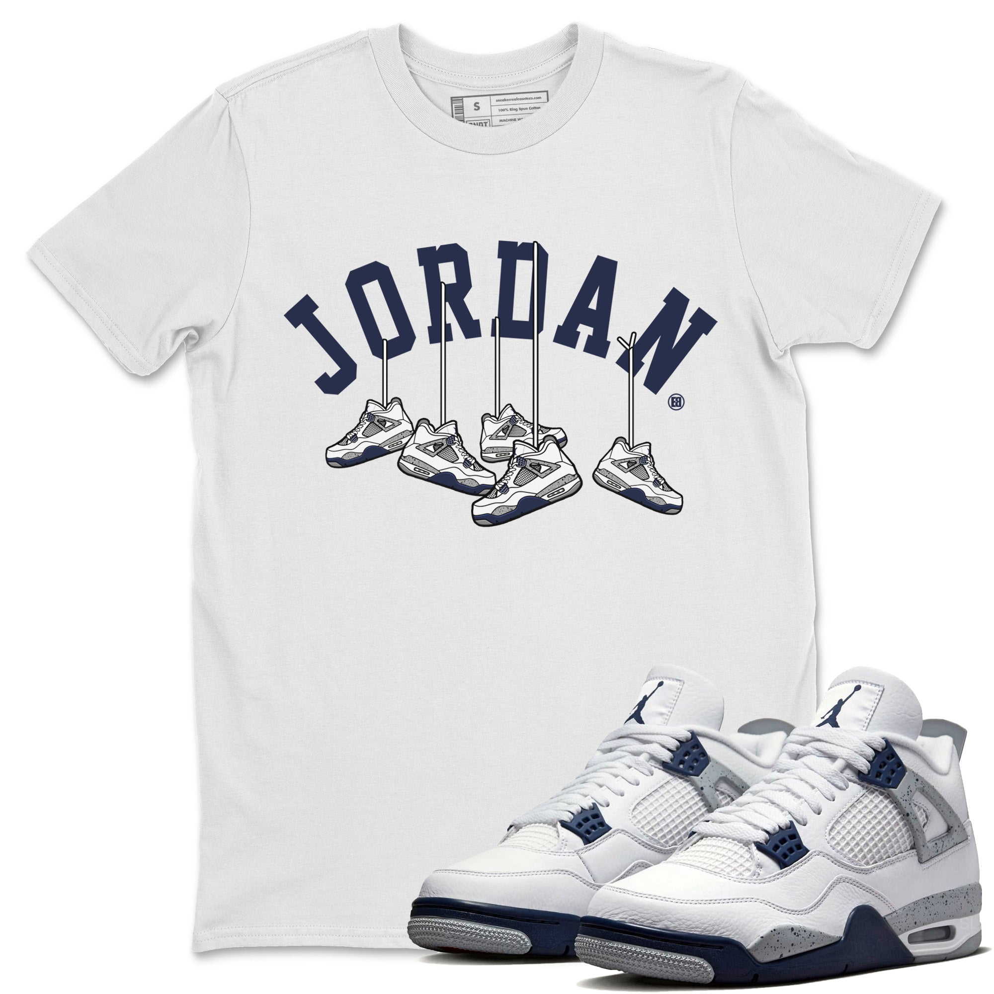 Jordan 4 Midnight Navy Sneaker Matching T-Shirt Hanging Sneakers Sneaker Tees Jordan 4 Midnight Navy Sneaker Release Tees Crew Neck Tees