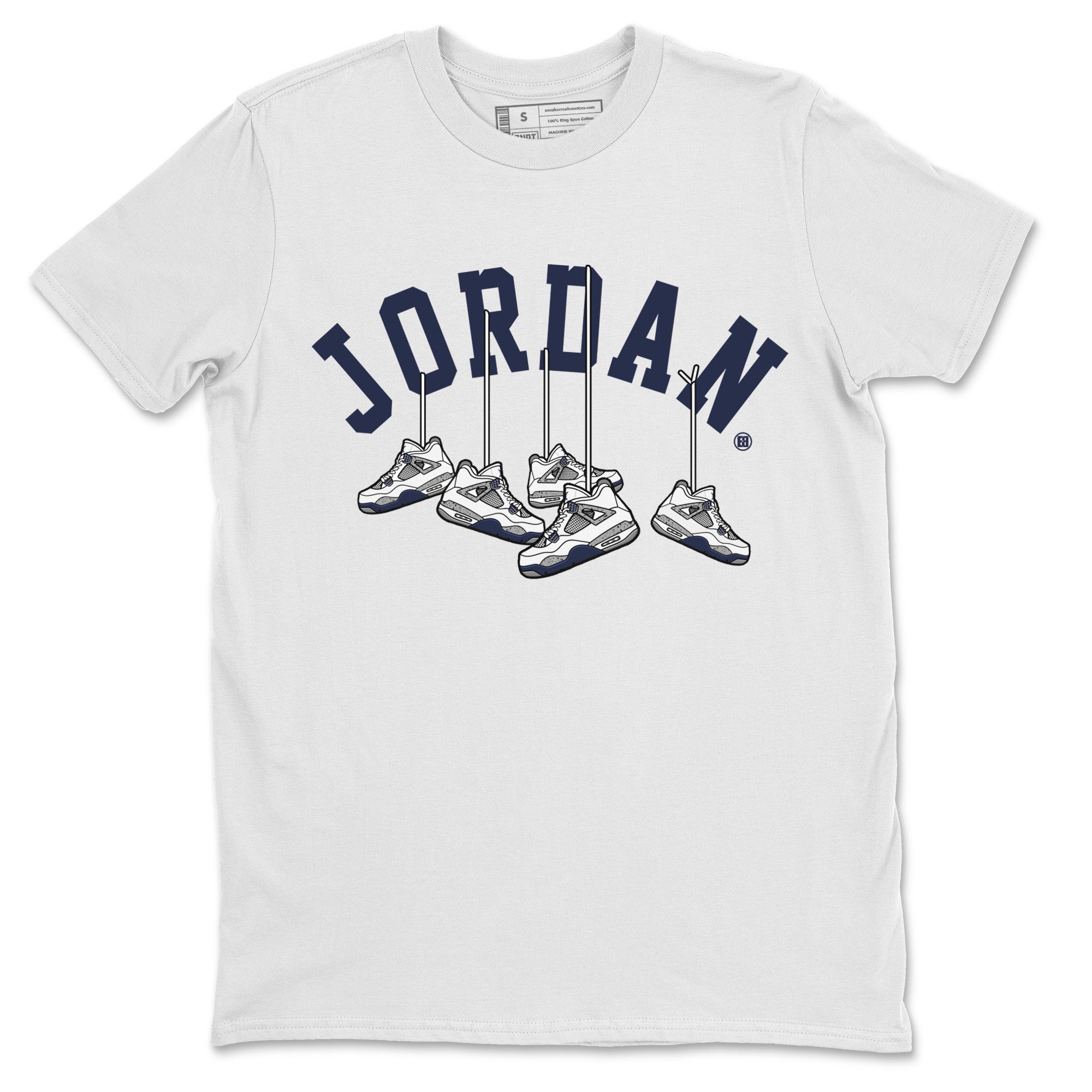 Jordan 4 Midnight Navy Sneaker Matching T-Shirt Hanging Sneakers Sneaker Tees Jordan 4 Midnight Navy Sneaker Release Tees Crew Neck Tees